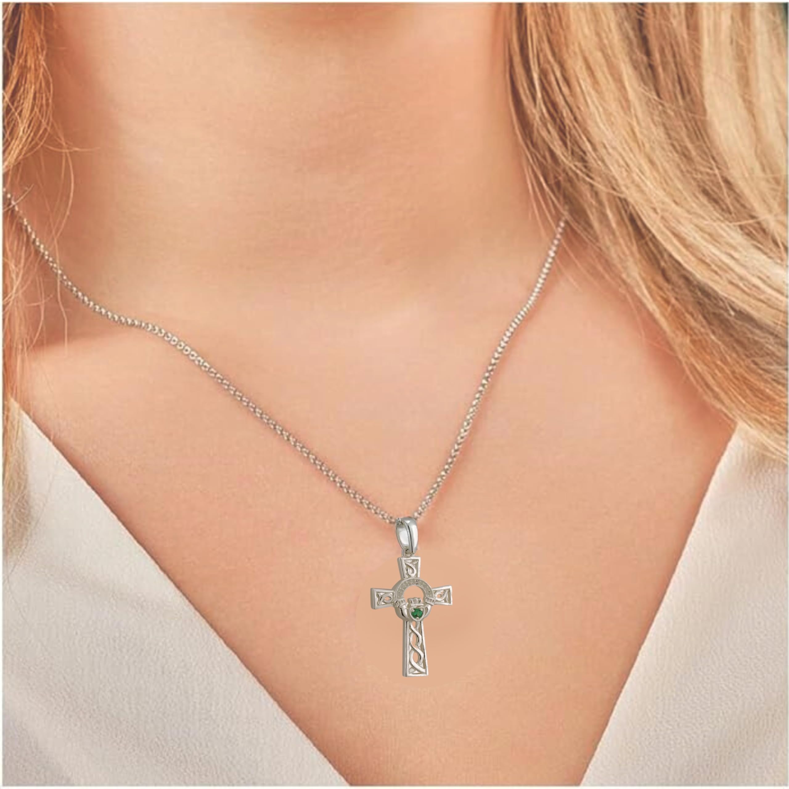 Sterling Silver Irish Claddagh Celtic Cross Necklace with Green Crystal
