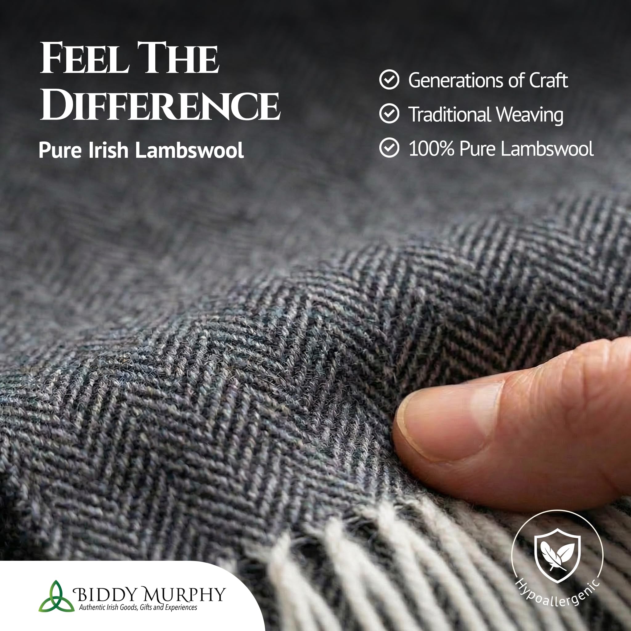 100% Irish Wool Scarf - Charcoal Herringbone, 9" x 78", Made in Ireland