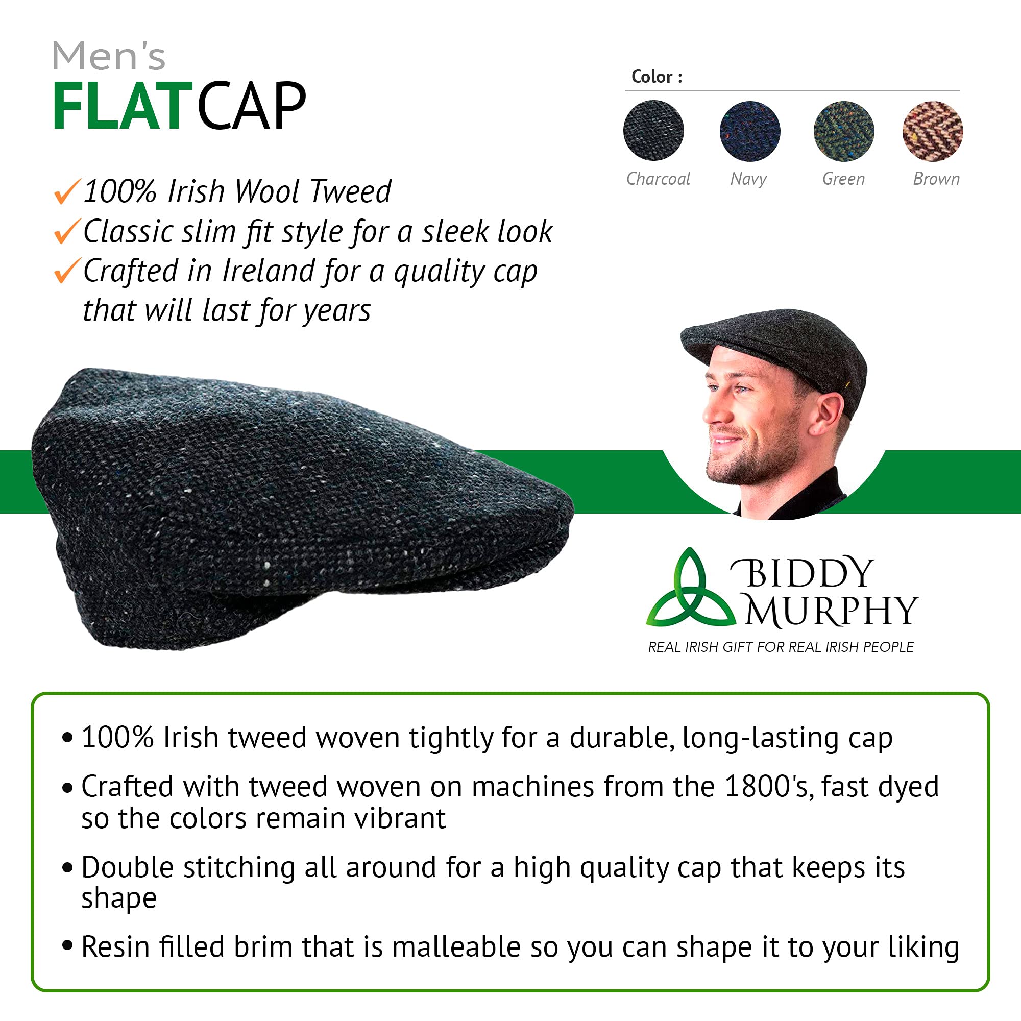 Irish Donegal Tweed Flat Cap - Navy Herringbone, 100% Wool Hat With Curved Peak