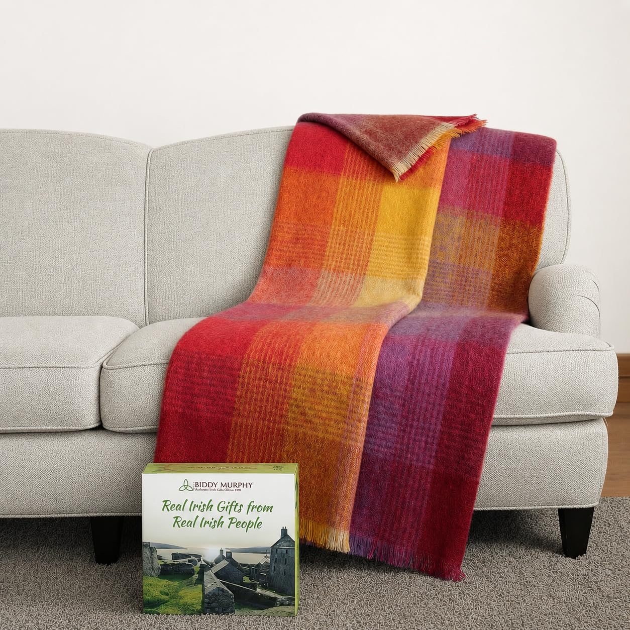 Irish Mohair Throw Blanket - Pink/Yellow/Purple Tartan Plaid, 70% Mohair Wool Blend (54" x 72")