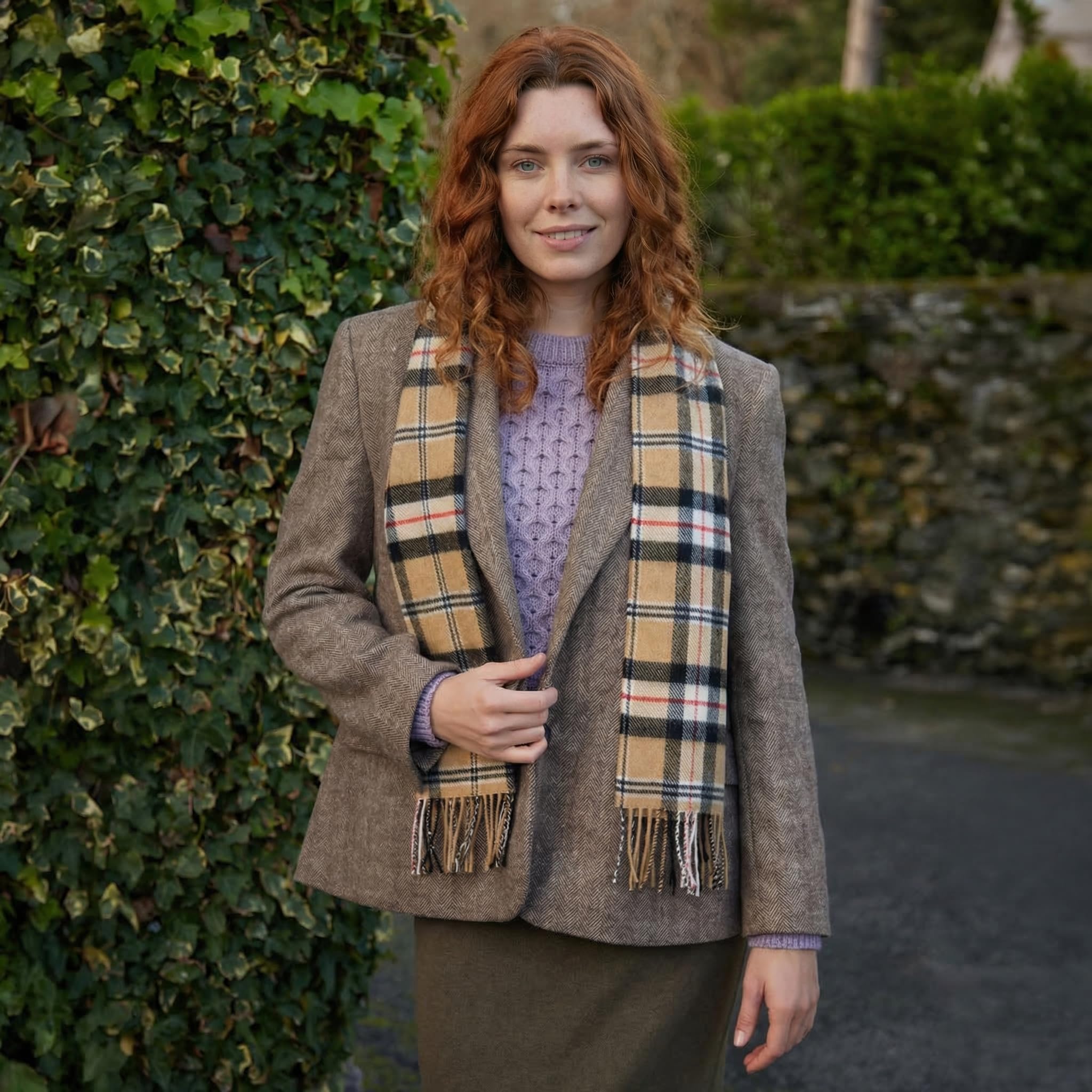 100% Irish Wool Scarf - Camel of Merrick Tartan Plaid, 12" x 60", Made in Ireland