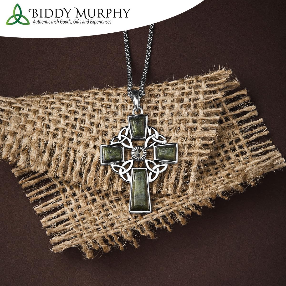Sterling Silver Irish Celtic Cross Necklace with Connemara Marble