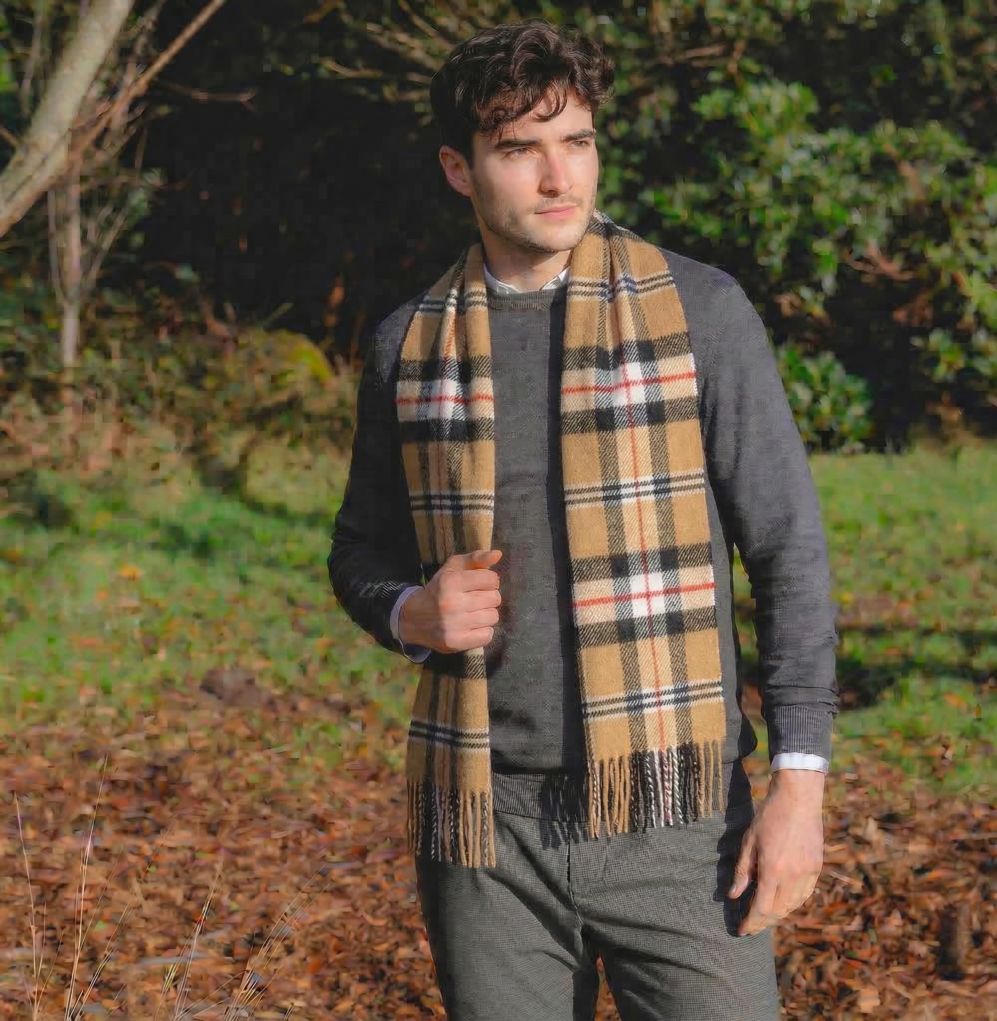 100% Irish Wool Scarf - Camel of Merrick Tartan Plaid, 12" x 60", Made in Ireland