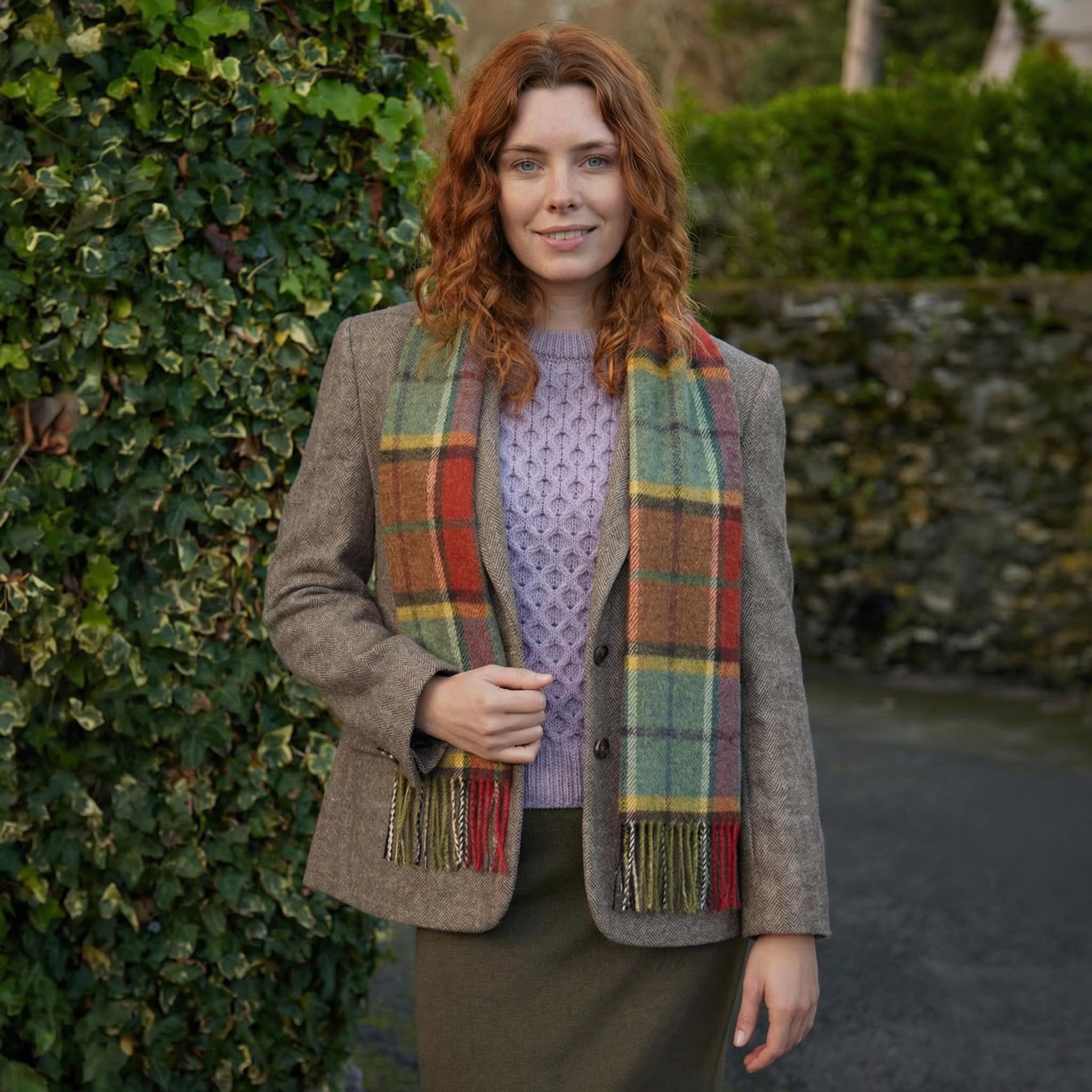 100% Irish Wool Scarf - Autumnal Earth Tone Tartan Plaid, 12" x 60", Made in Ireland