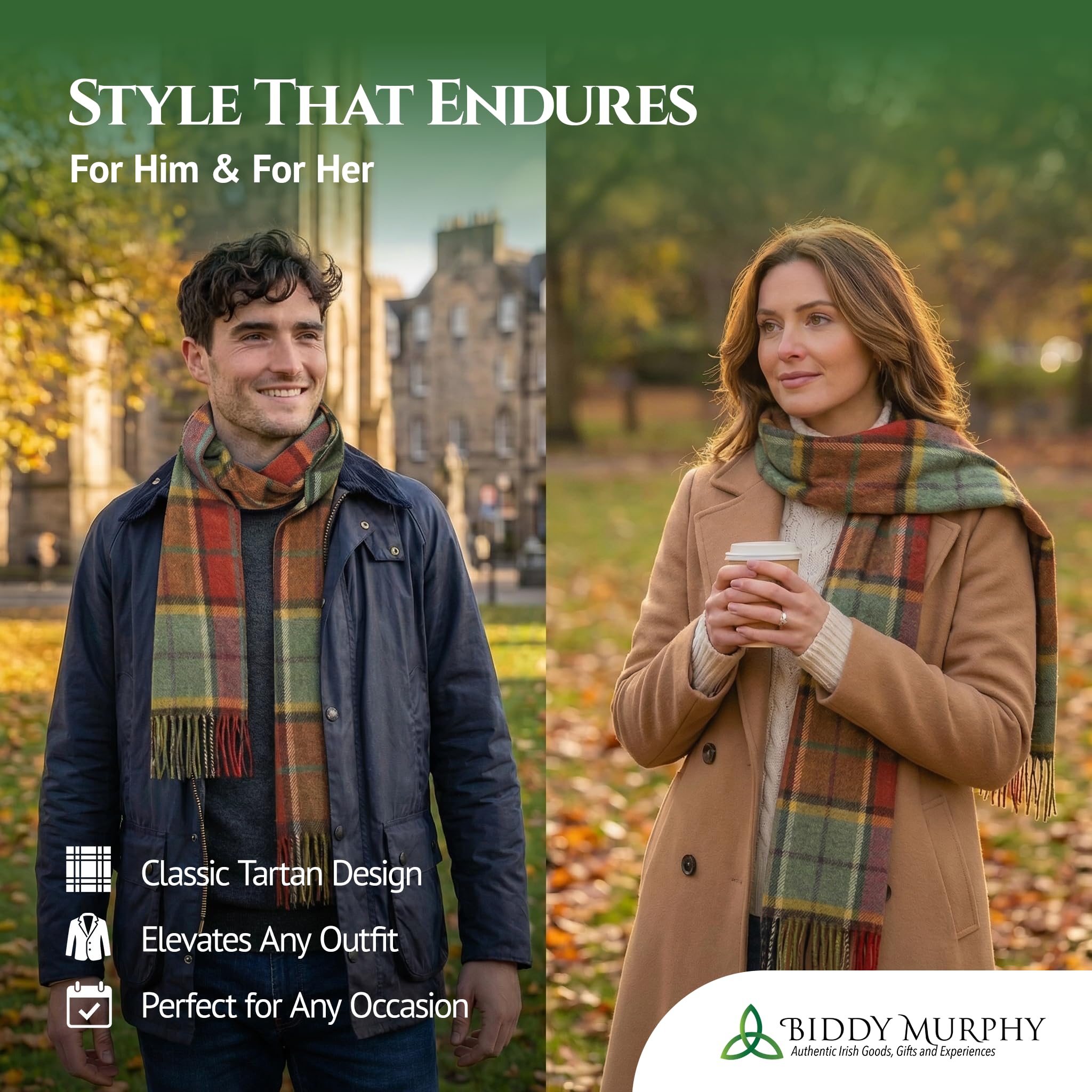 100% Irish Wool Scarf - Autumnal Earth Tone Tartan Plaid, 12" x 60", Made in Ireland