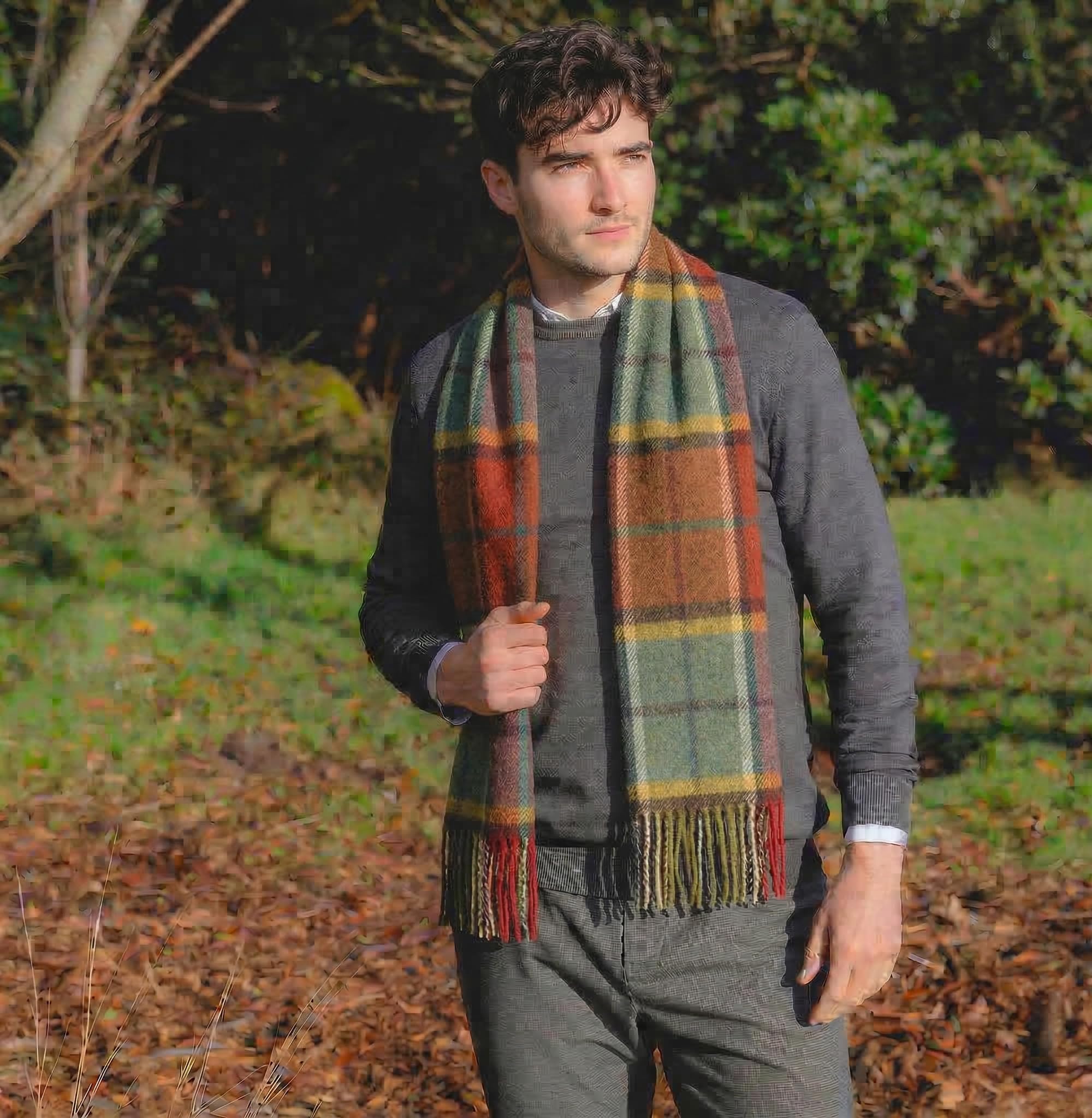 100% Irish Wool Scarf - Autumnal Earth Tone Tartan Plaid, 12" x 60", Made in Ireland