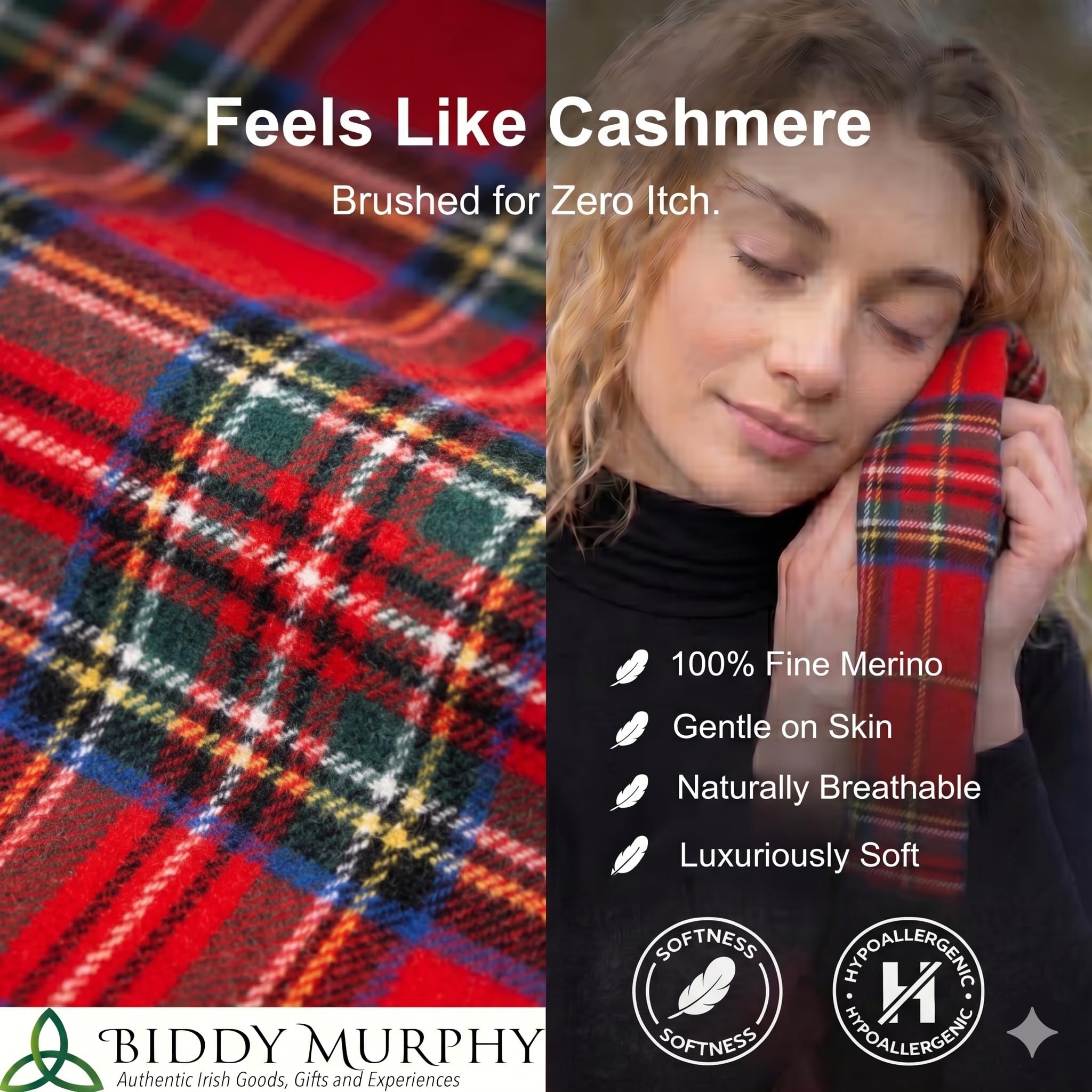 100% Brushed Merino Wool Scarf - Royal Stewart Red Tartan Plaid, 12" x 71", Made in Ireland