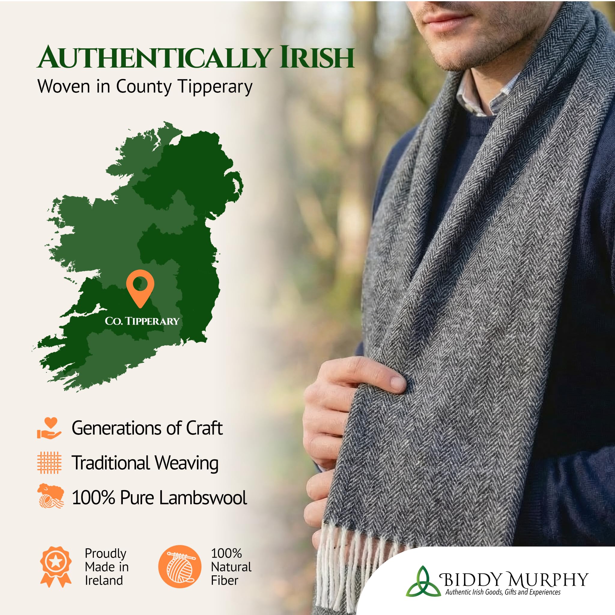 100% Irish Wool Scarf - Charcoal Herringbone, 9" x 78", Made in Ireland