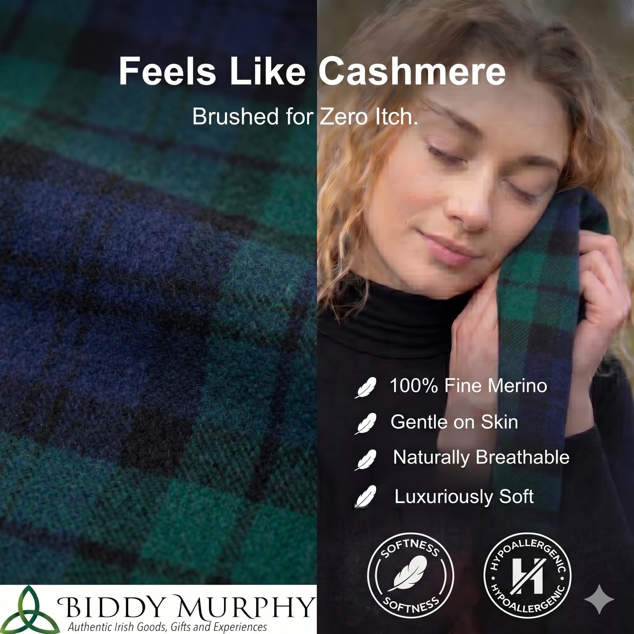 100% Brushed Merino Wool Scarf - Blackwatch Tartan Plaid, 12" x 71", Made in Ireland