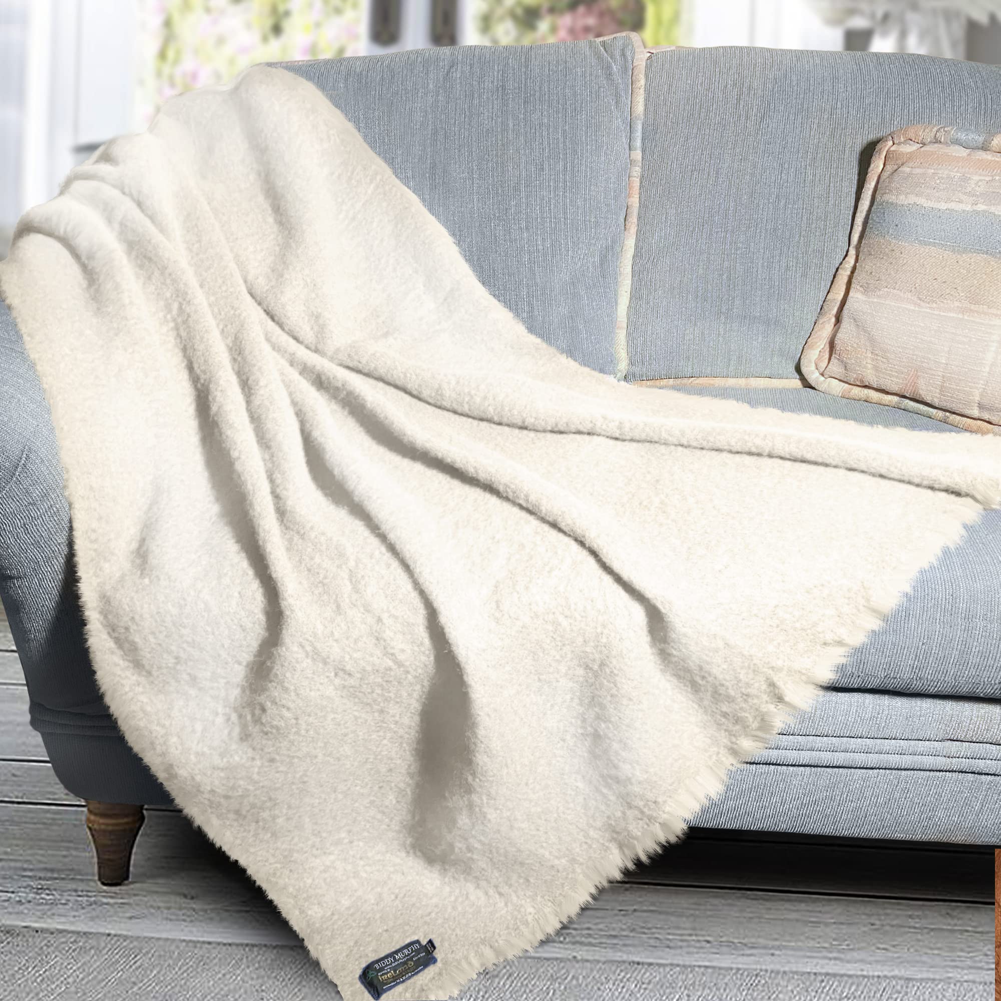 Irish Mohair Throw Blanket - Solid White, 70% Mohair Wool Blend (54" x 72")