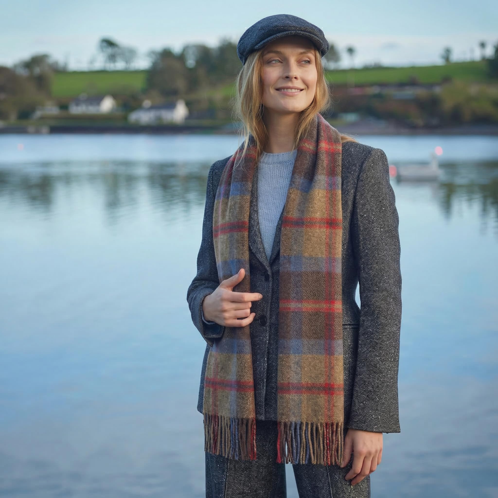 100% Irish Wool Scarf -  Rust Brown Red Tartan Plaid, 12" x 71", Made in Ireland