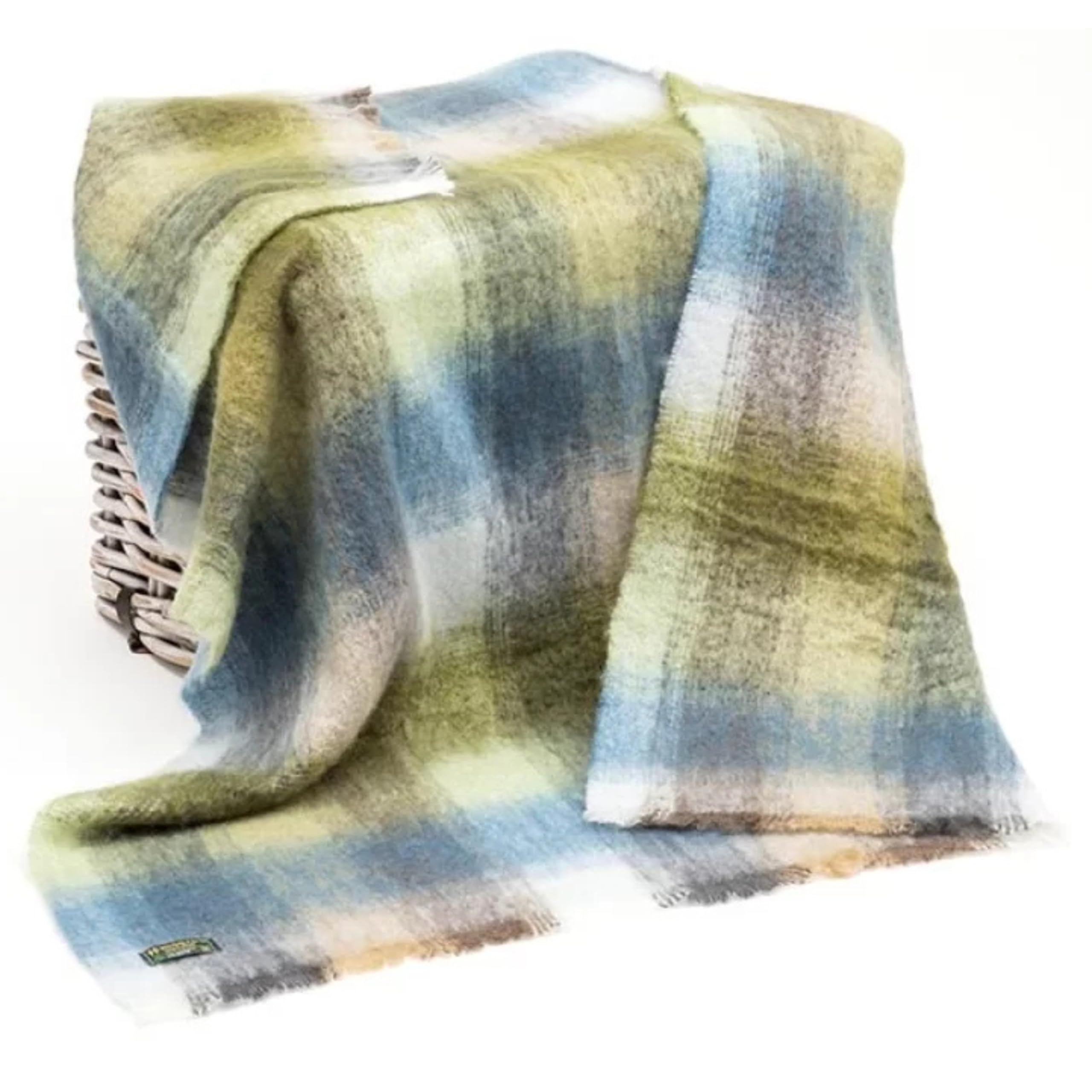 Irish Mohair Throw Blanket - Cream/Pale Blue/Green/Gray Tartan Plaid, 70% Mohair Wool Blend (54" x 72")