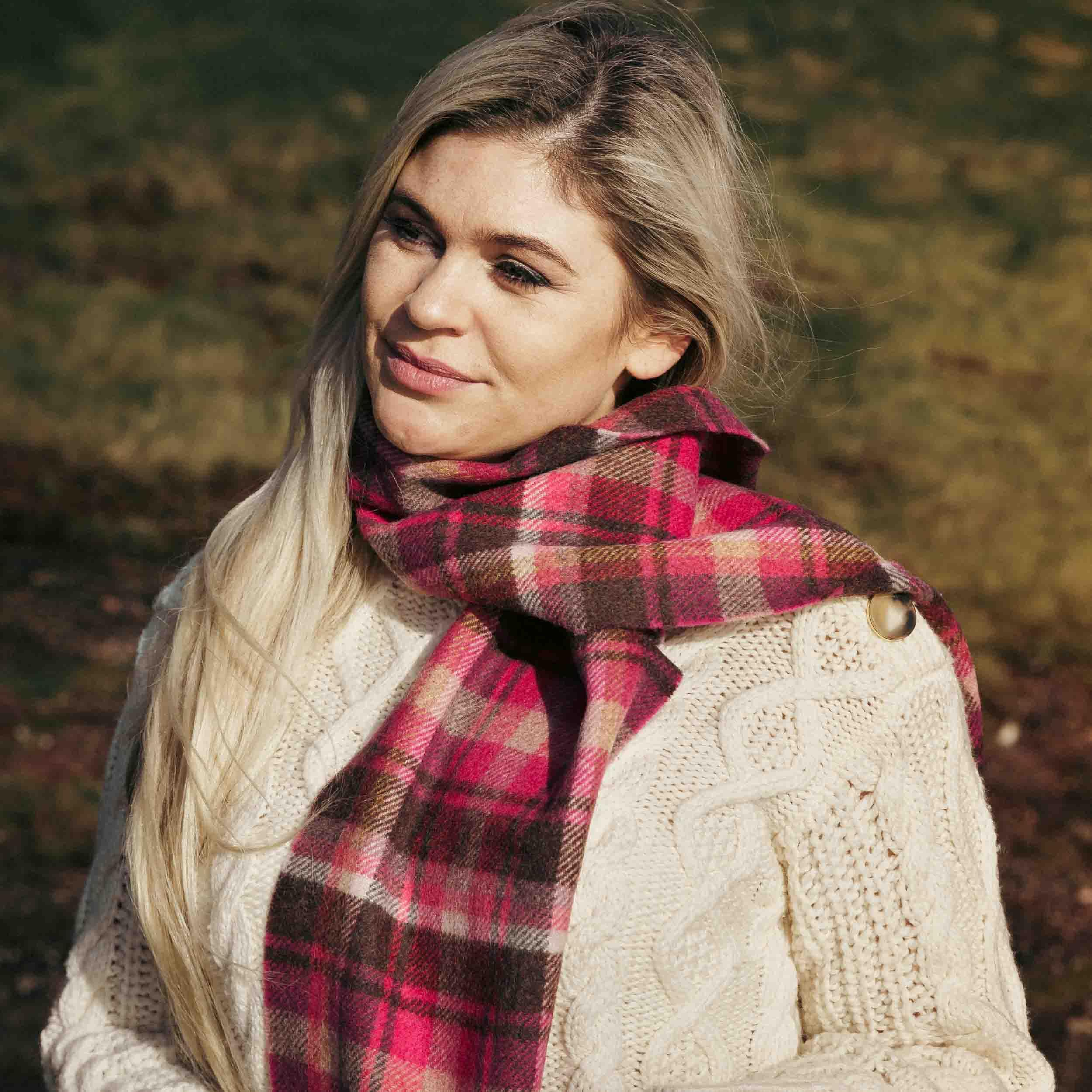 100% Irish Wool Scarf - Pink Maroon Check Tartan Plaid, 9" x 78", Made in Ireland
