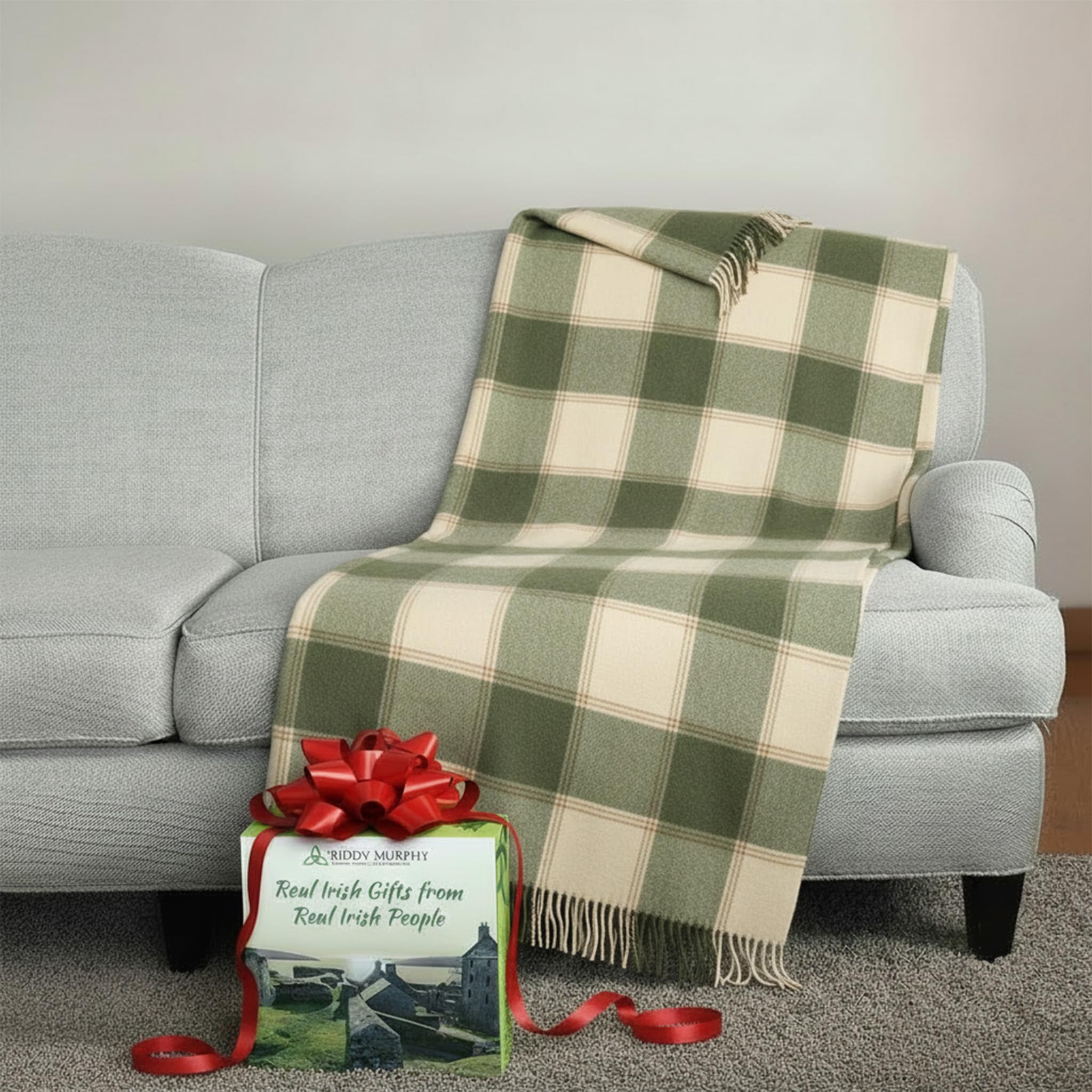 100% Irish Wool Tartan Throw Blanket - Cream & Green Plaid (54" x 71")