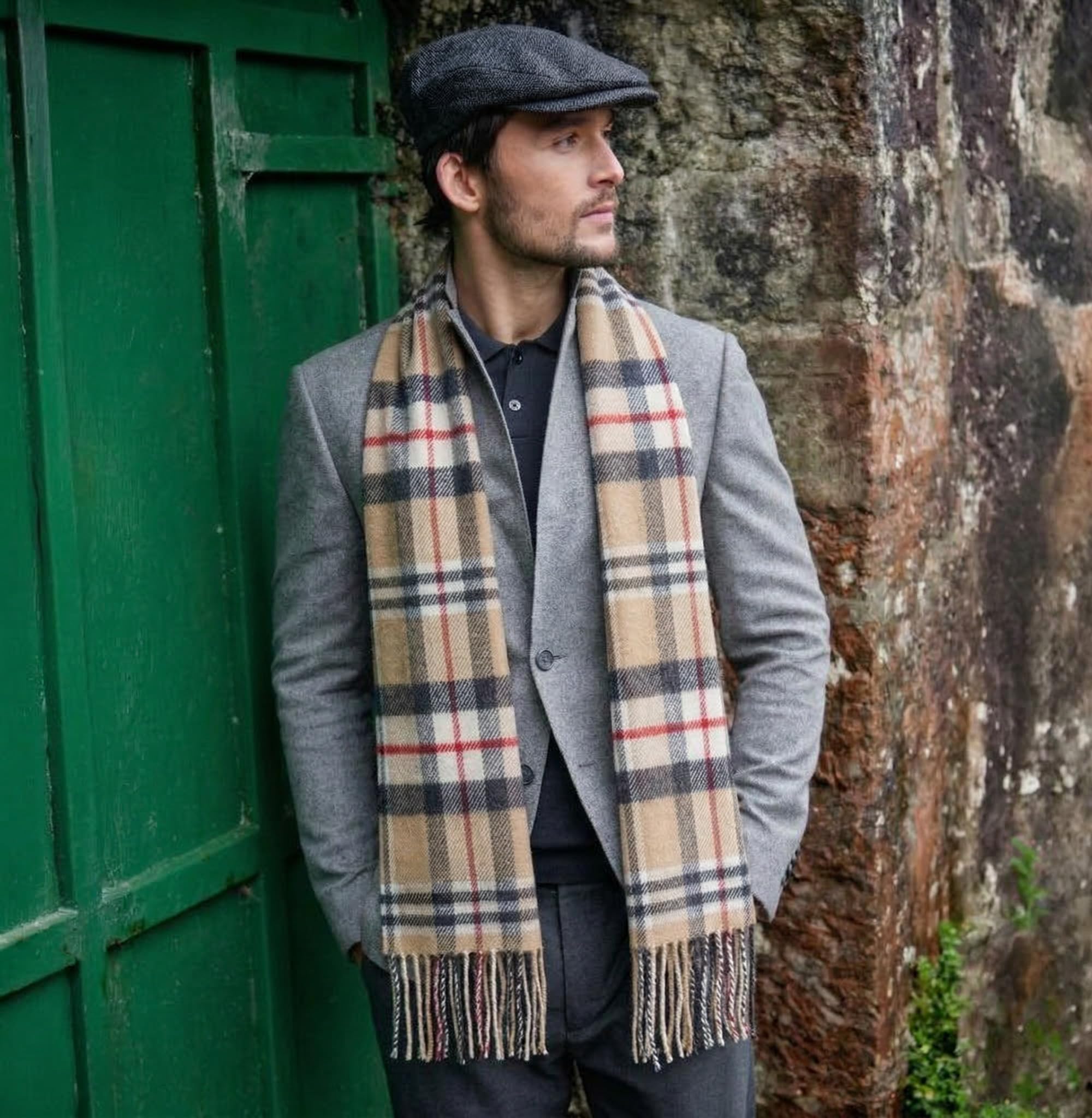 100% Brushed Merino Wool Scarf - Beige Black Red Tartan Plaid, 12" x 71", Made in Ireland