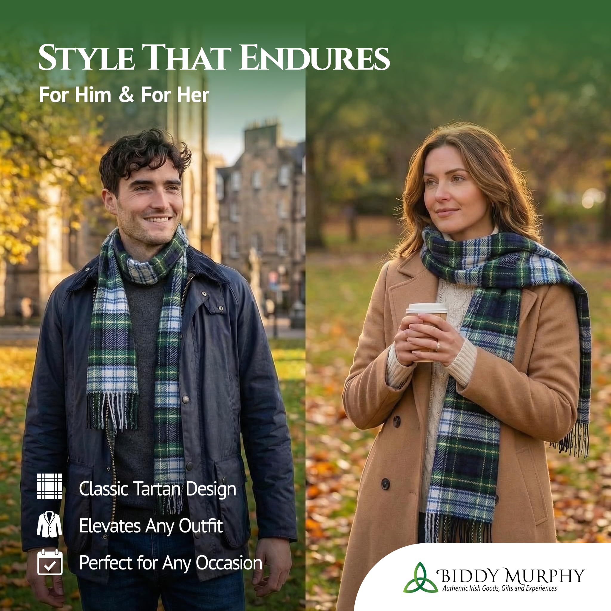100% Irish Wool Scarf - Dress Gordon Tartan Plaid, 12" x 60", Made in Ireland