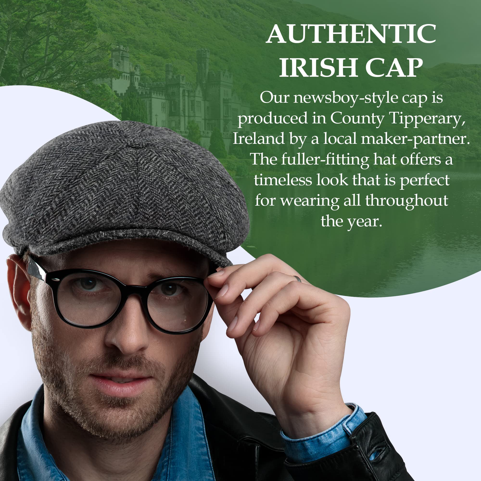 Irish 8-Panel Newsboy Cap, 100% Wool Tweed Brown Herringbone Flat Hat