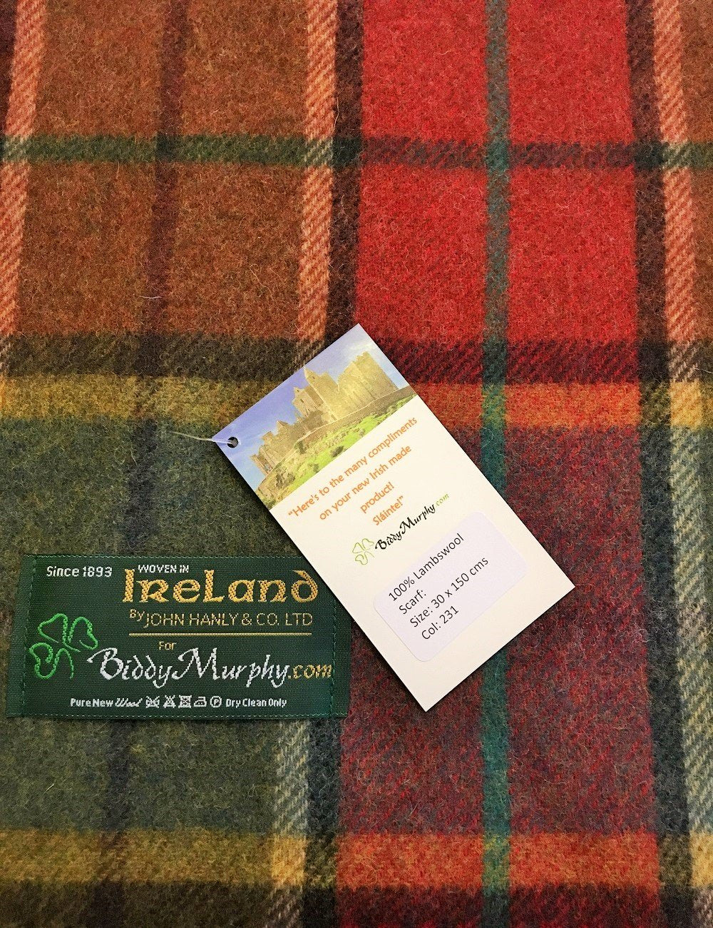 100% Irish Wool Scarf - Autumnal Earth Tone Tartan Plaid, 12" x 60", Made in Ireland