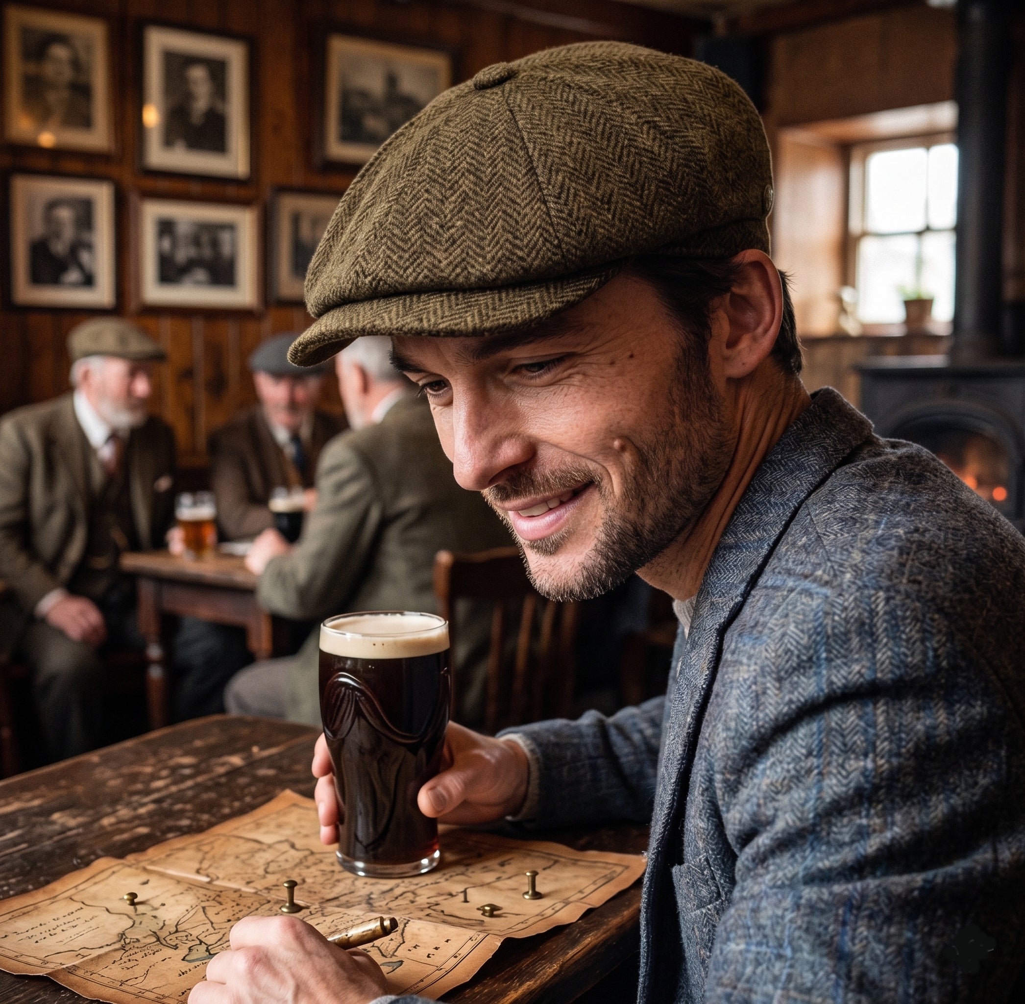 Irish 8-Panel Newsboy Cap, 100% Wool Tweed Brown Herringbone Flat
