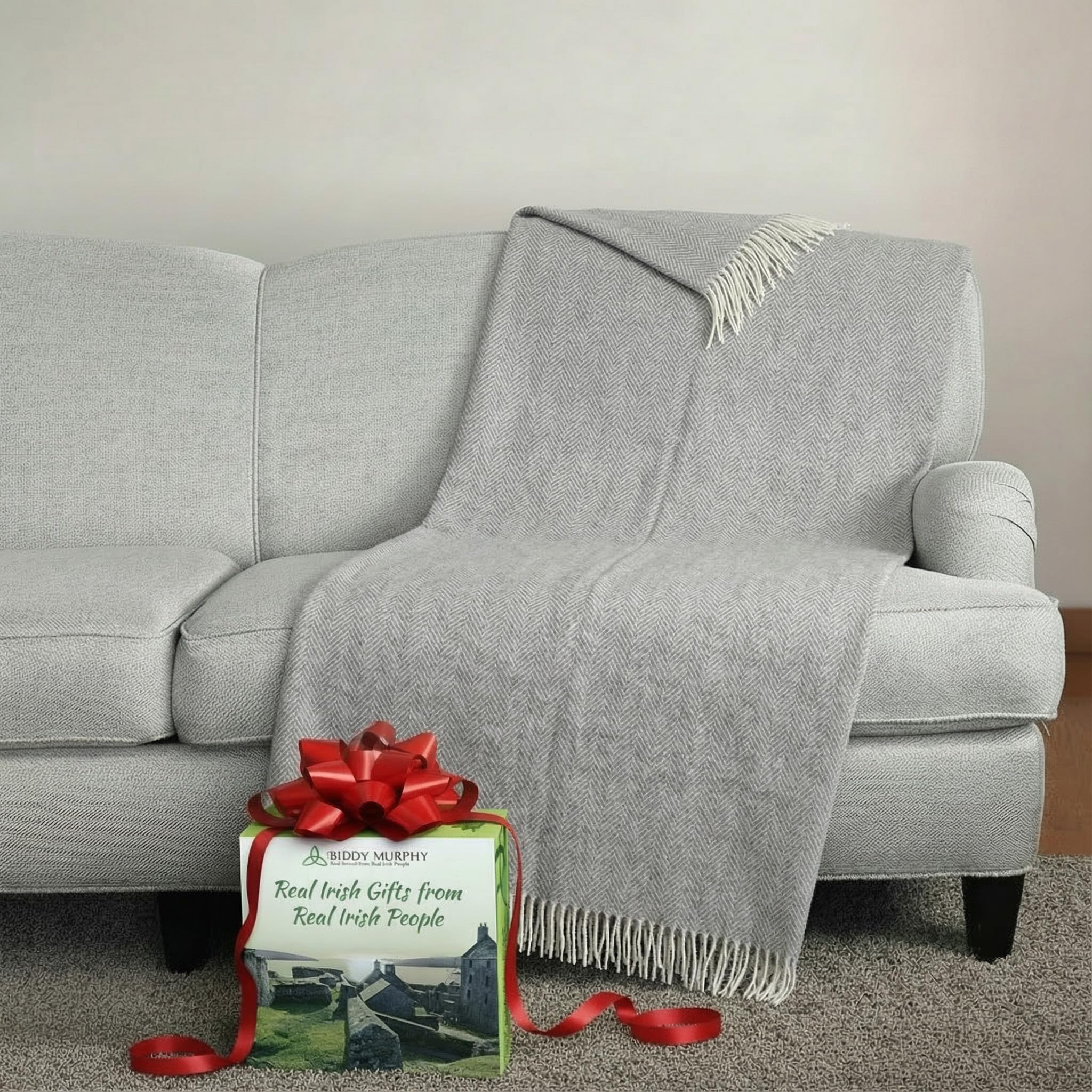54" x 71" Merino Cashmere Wool Blend Throw Blanket (Pale Grey & Cream) 95% | 5% Ultra Soft Herringbone Pattern