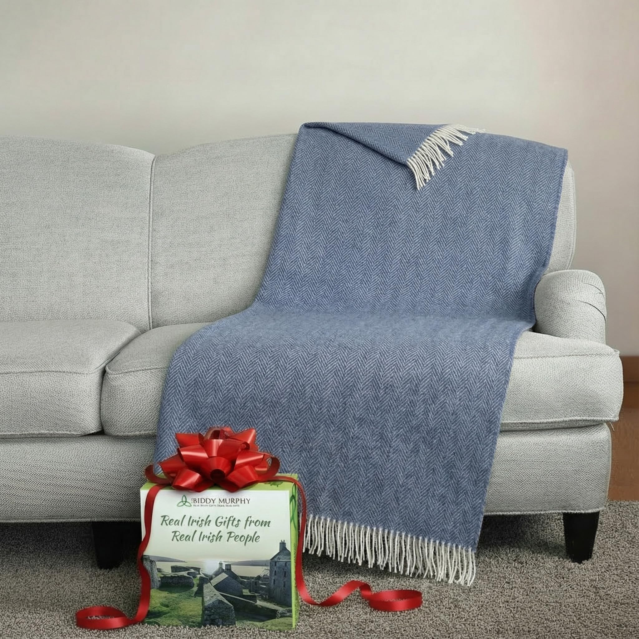 54" x 71" Merino Cashmere Wool Blend Throw Blanket (Denim & Cream) 95% | 5% Ultra Soft Herringbone Pattern
