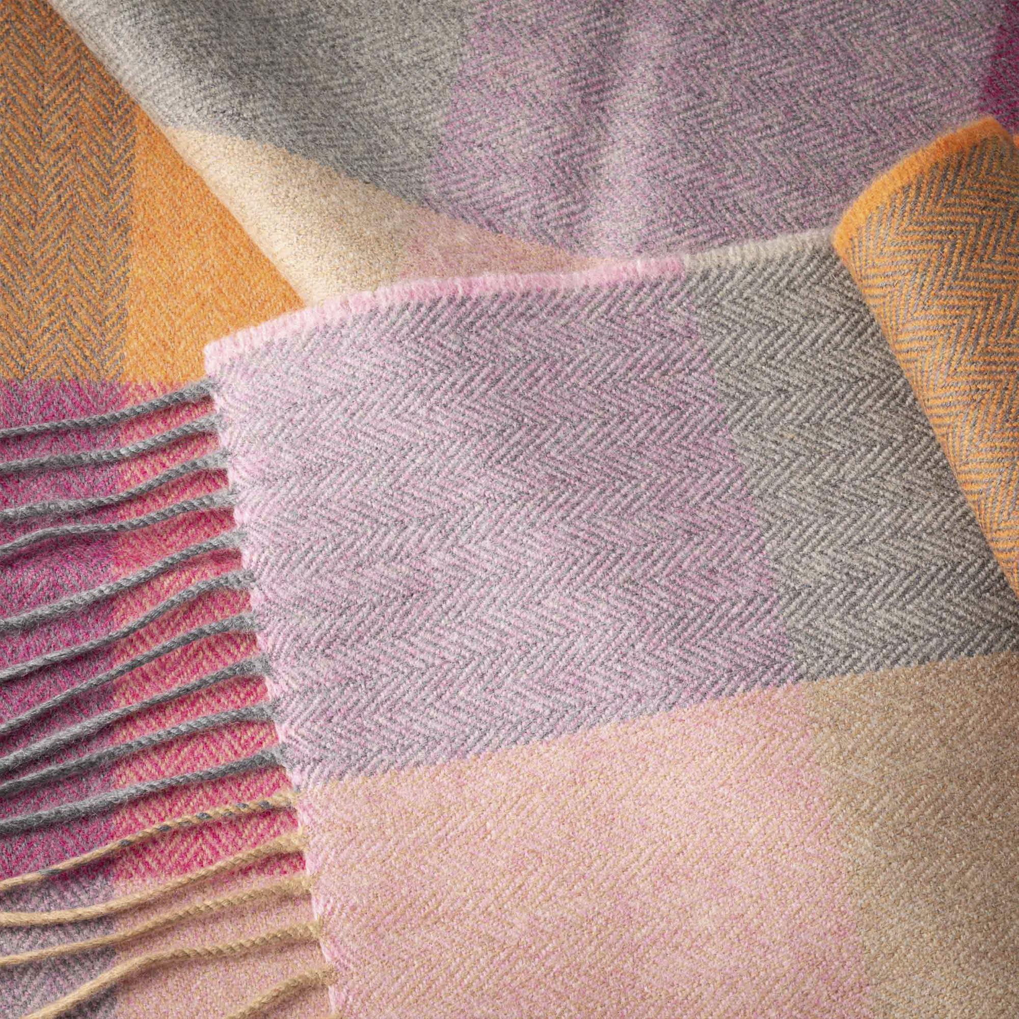 100% Brushed Merino Wool Scarf - Beige Rust Pink Tartan Plaid, 12" x 71", Made in Ireland