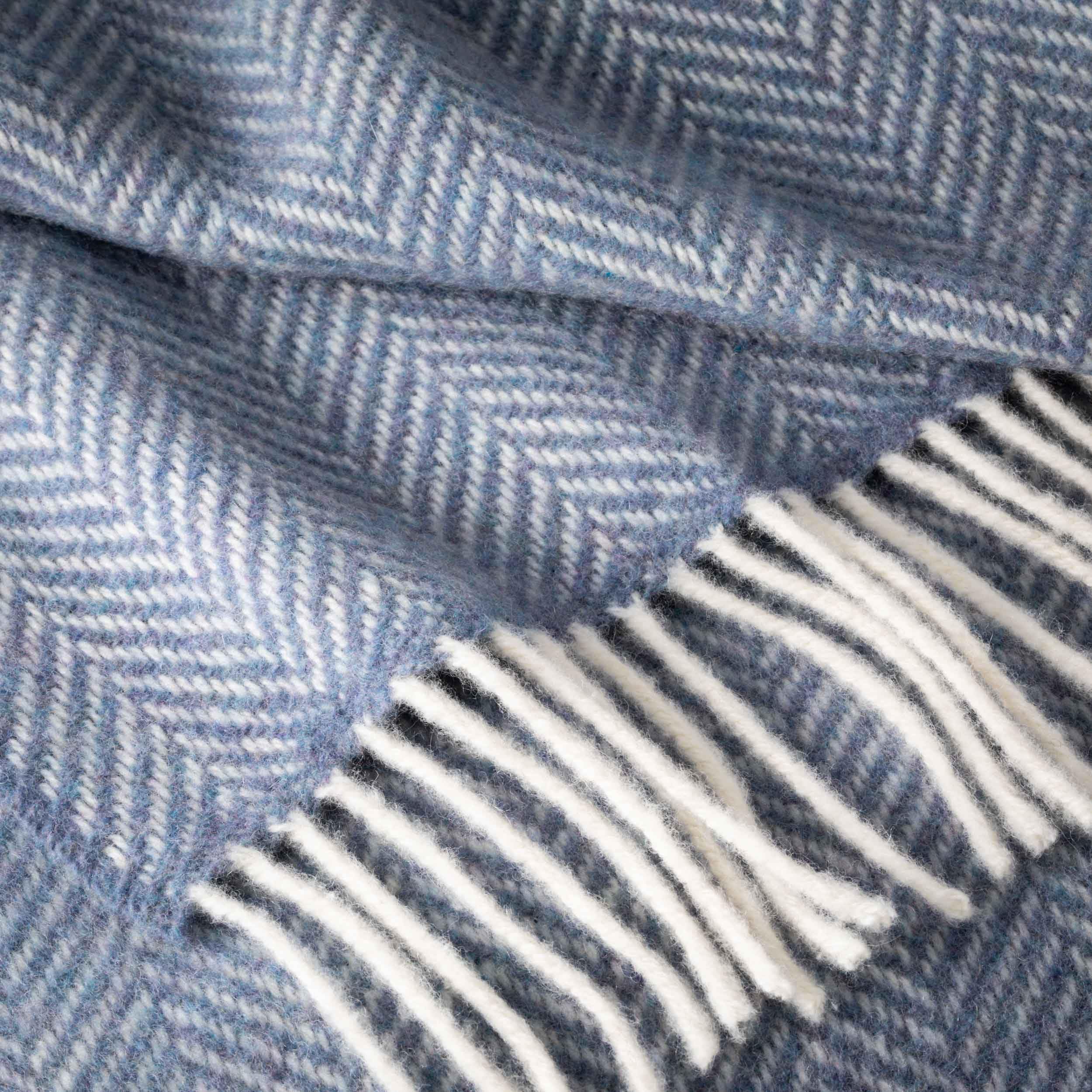 54" x 71" Merino Cashmere Wool Blend Throw Blanket (Denim & Cream) 95% | 5% Ultra Soft Herringbone Pattern