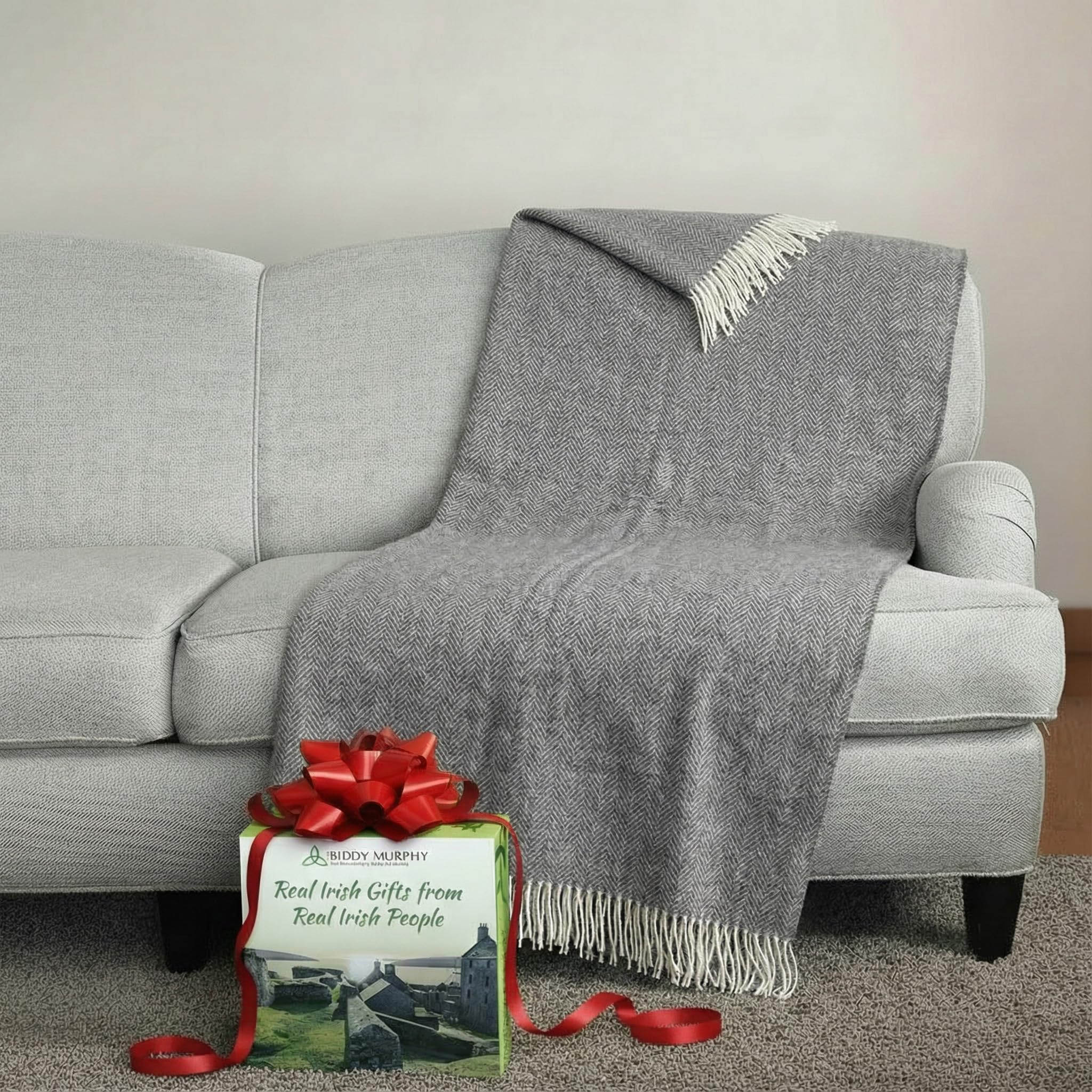 54" x 71" Merino Cashmere Wool Blend Throw Blanket (Grey & Cream) 95% | 5% Ultra Soft Herringbone Pattern