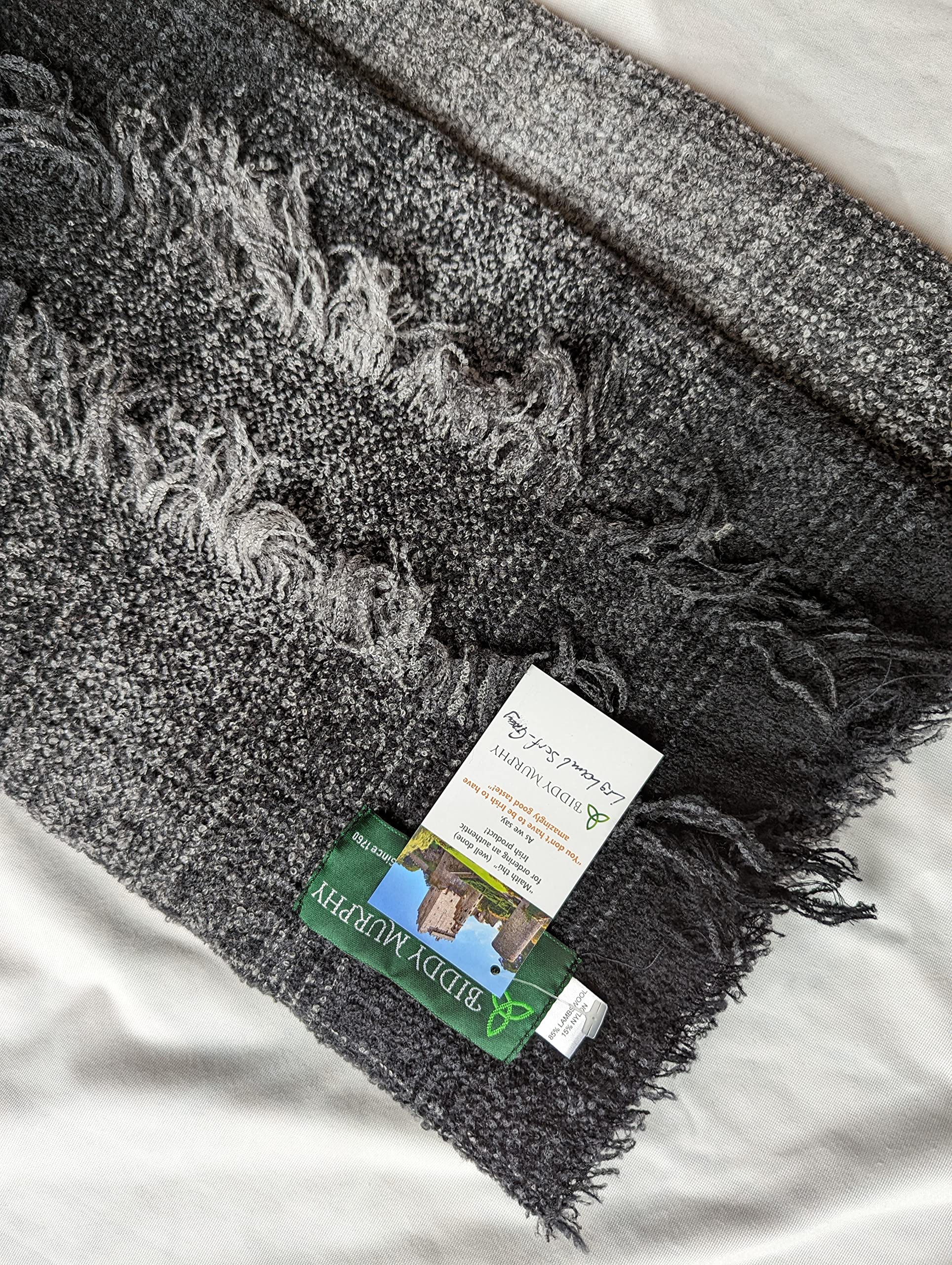 Irish Wool Shawl Wrap – Gray/Black , 100% Soft Warm Wool Scarf, Made in Ireland