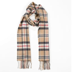 100% Brushed Merino Wool Scarf - Beige Black Red Tartan Plaid, 12" x 71", Made in Ireland