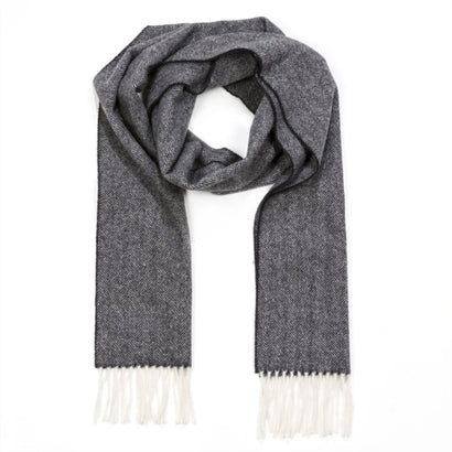 100% Irish Wool Scarf - Charcoal Herringbone, 9" x 78", Made in Ireland