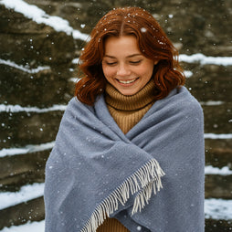 54" x 71" Merino Cashmere Wool Blend Throw Blanket (Denim & Cream) 95% | 5% Ultra Soft Herringbone Pattern