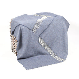 54" x 71" Merino Cashmere Wool Blend Throw Blanket (Denim & Cream) 95% | 5% Ultra Soft Herringbone Pattern