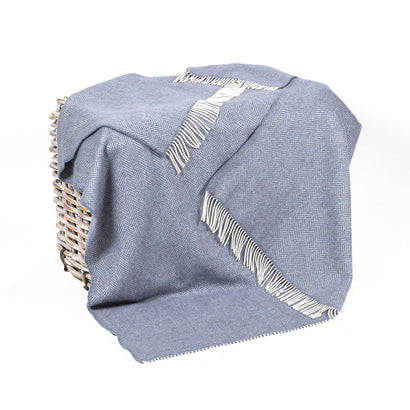 54" x 71" Merino Cashmere Wool Blend Throw Blanket (Denim & Cream) 95% | 5% Ultra Soft Herringbone Pattern