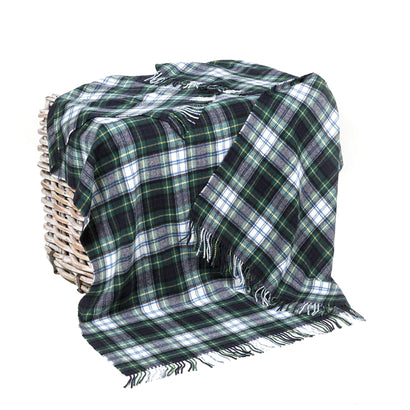 Irish Wool Throw Blanket - 100% Lambswool (54" x 71"), Green/White/Navy Tartan Plaid, Made in Ireland