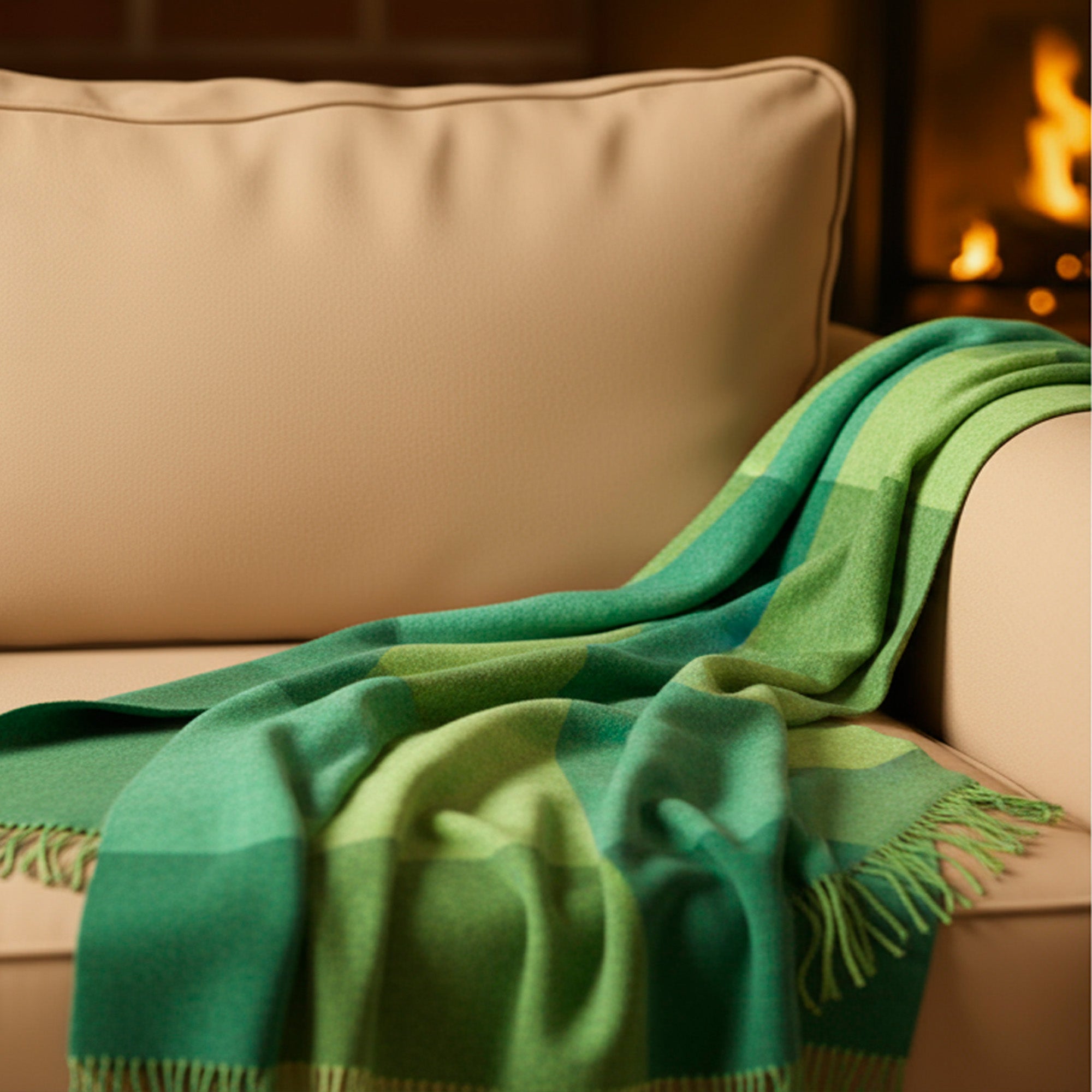 100% Irish Wool Tartan Throw Blanket - Multi Color Green Block, 54" x 71"