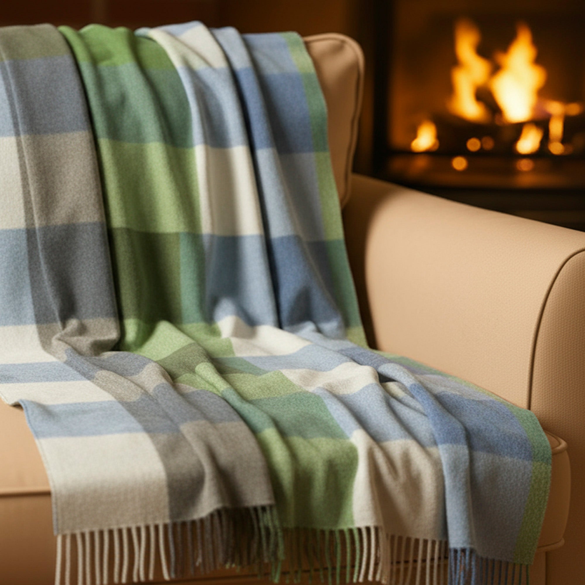 100% Irish Wool Tartan Throw Blanket - Cream, Baby Blue & Green Plaid, 54" x 71"