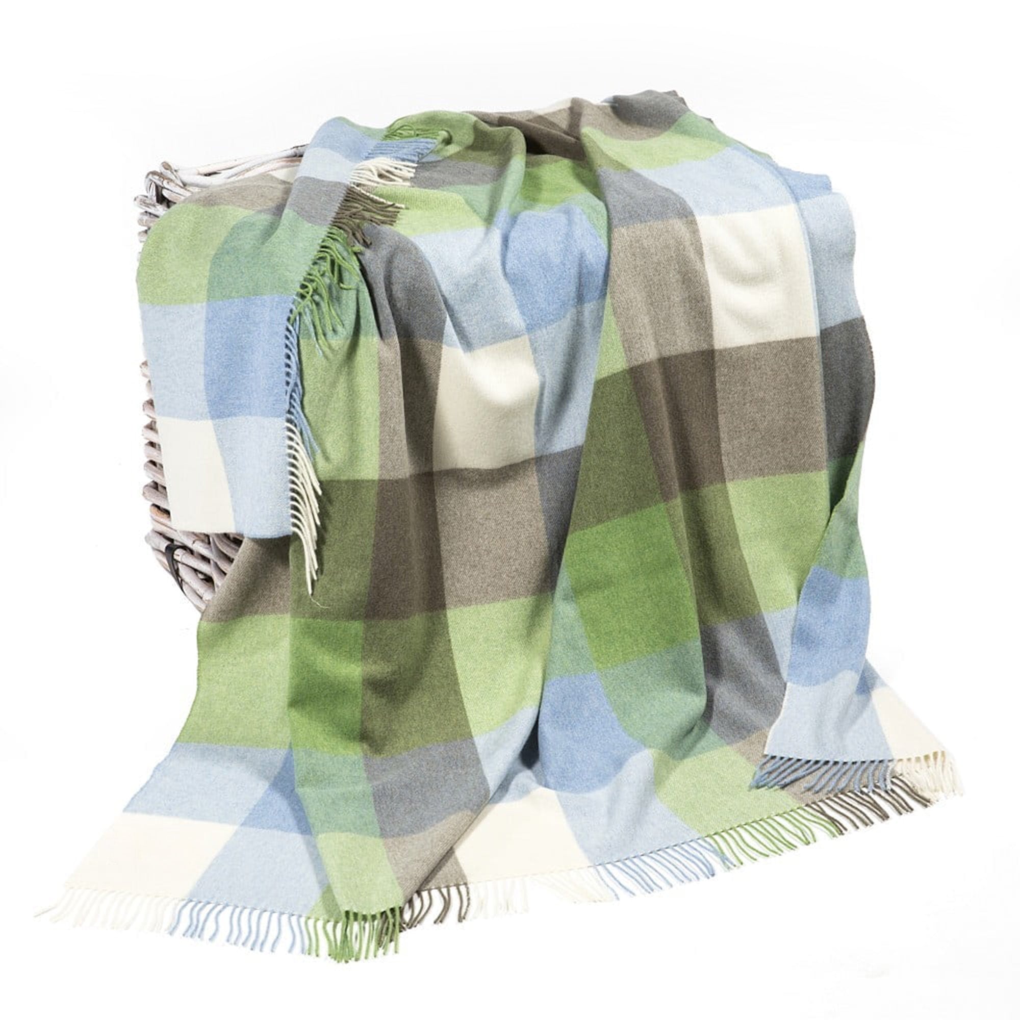 100% Irish Wool Tartan Throw Blanket - Cream, Baby Blue & Green Plaid, 54" x 71"