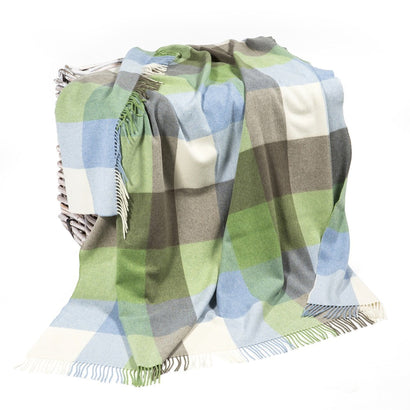 Irish Wool Throw Blanket - 100% Lambswool (54" x 71"), Cream/Baby Blue/Green Tartan Plaid, Made in Ireland