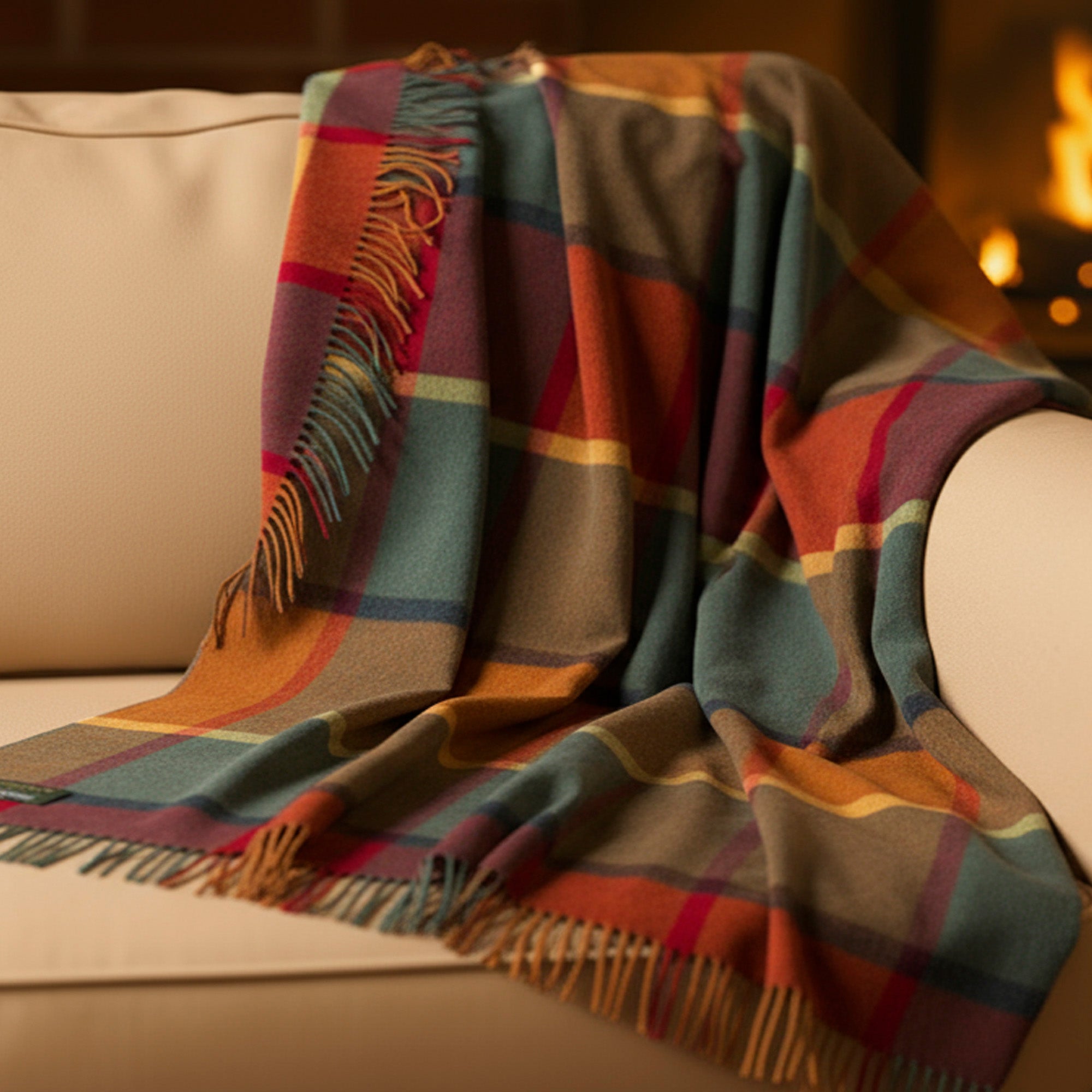 100% Irish Wool Tartan Throw Blanket - Orange Green Yellow Wine Plaid, 54" x 71"