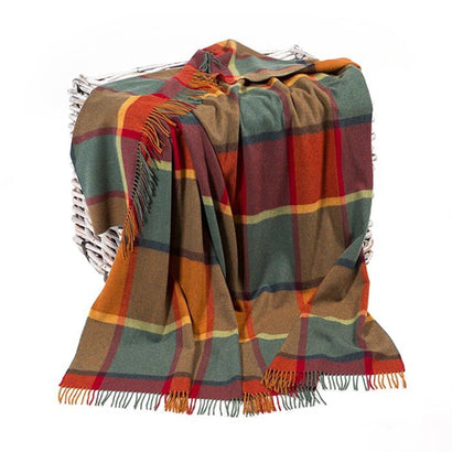Irish Wool Throw Blanket - 100% Lambswool (54" x 71"), Orange Green Yellow Wine Tartan Plaid, Made in Ireland