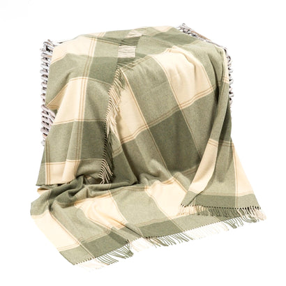 100% Irish Wool Tartan Throw Blanket - Cream & Green Plaid, 54" x 71"