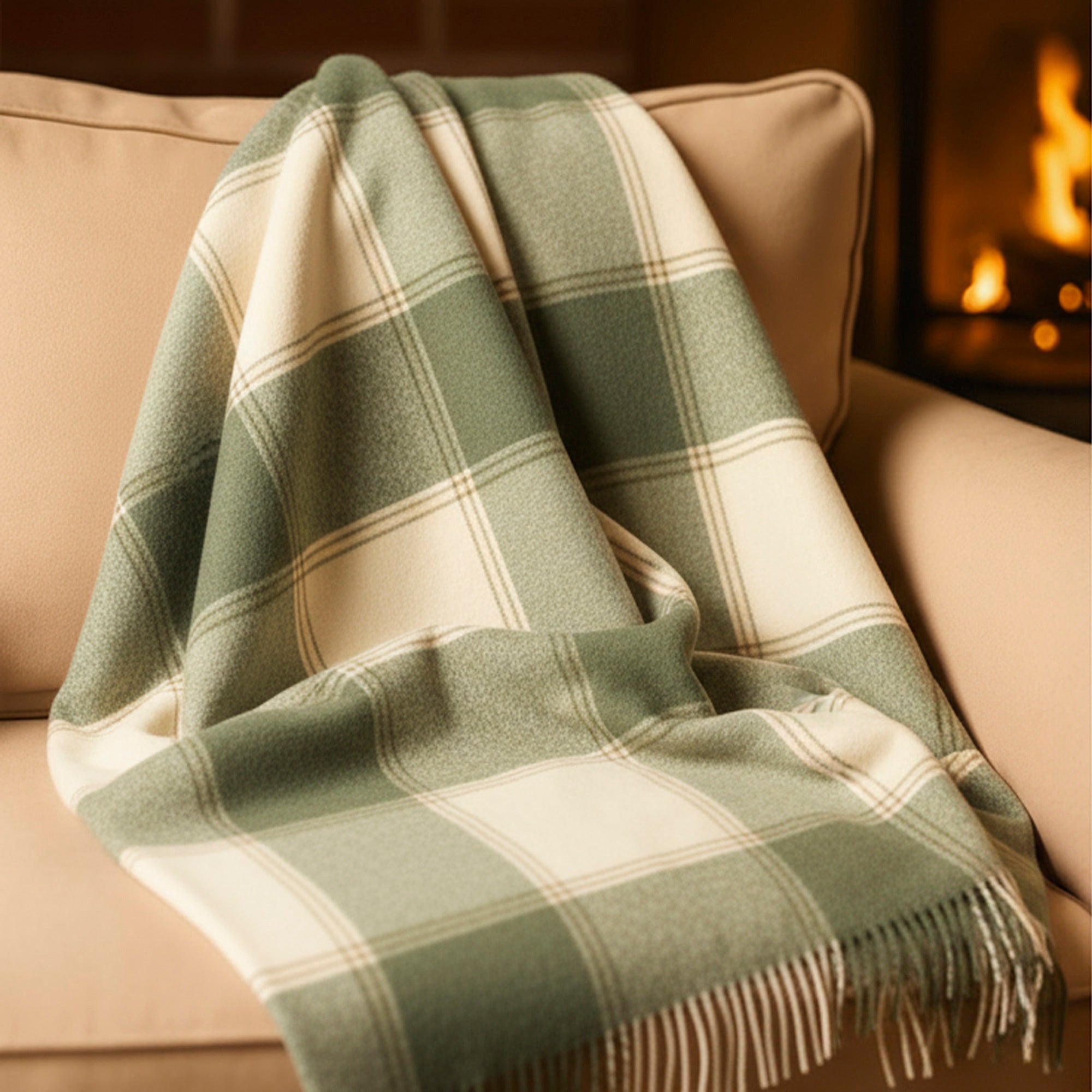 100% Irish Wool Tartan Throw Blanket - Cream & Green Plaid, 54" x 71"