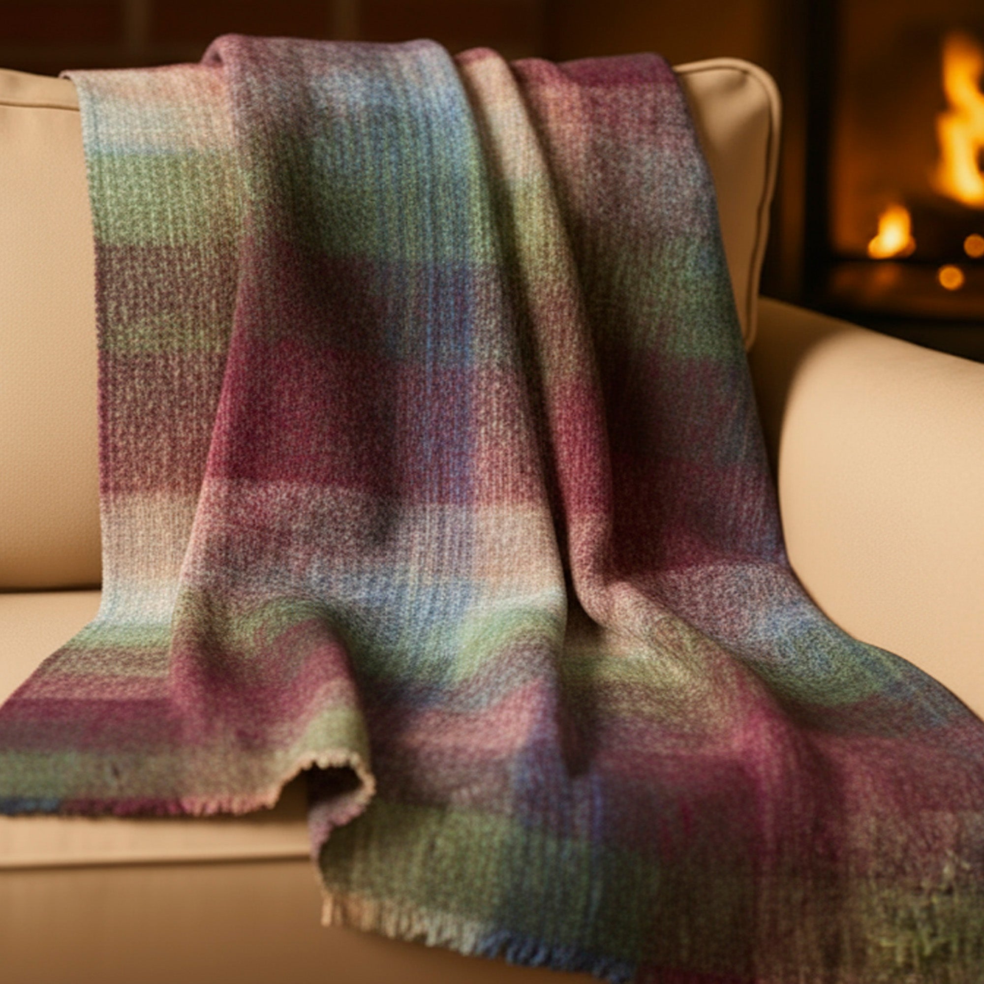 Irish Mohair Throw Blanket – Watercolour Monet Tartan Plaid, 70% Mohair Wool Blend (54" x 72"), Made in Ireland
