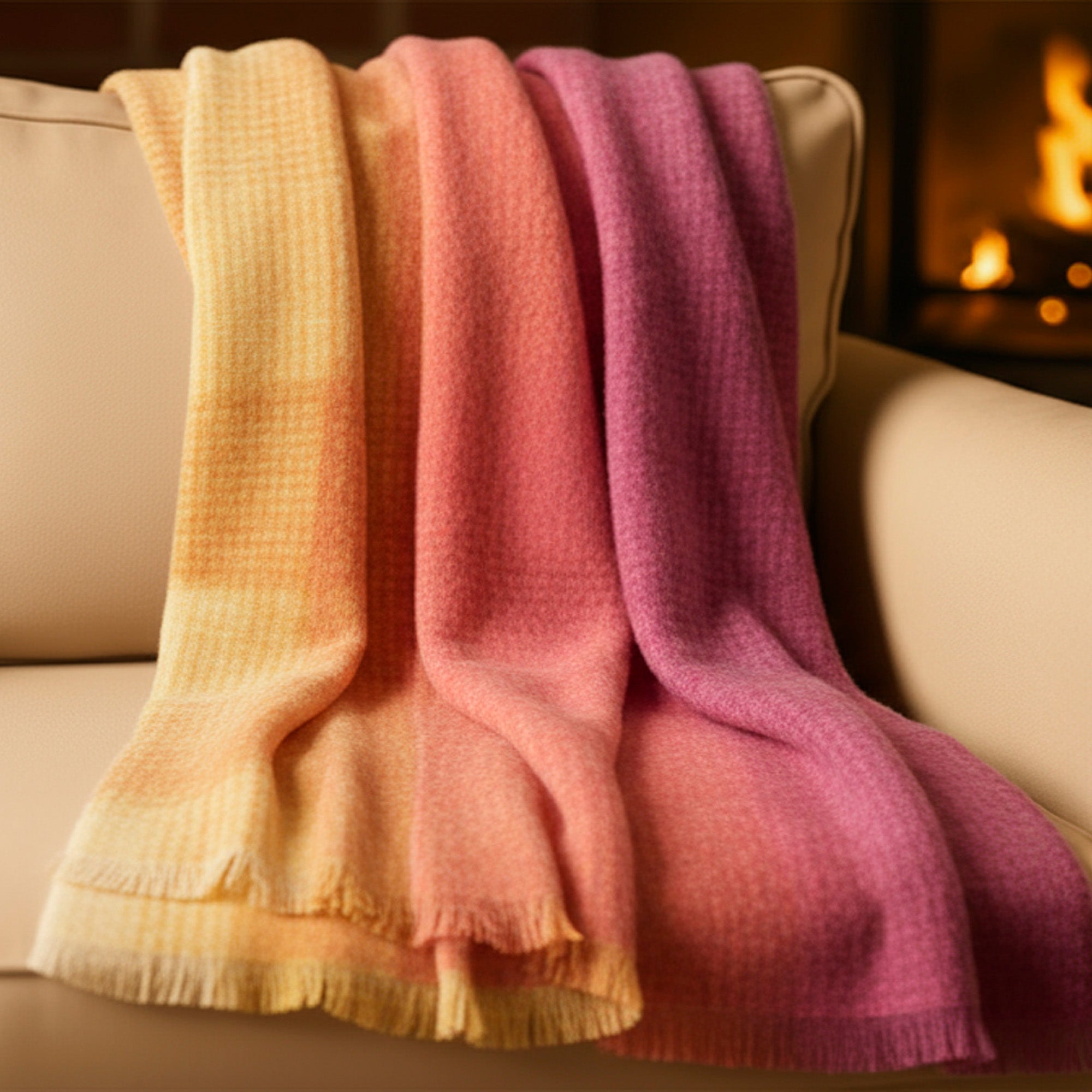 Irish Mohair Throw Blanket – Pink/Yellow/Purple Tartan Plaid, 70% Mohair Wool Blend (54" x 72"), Made in Ireland
