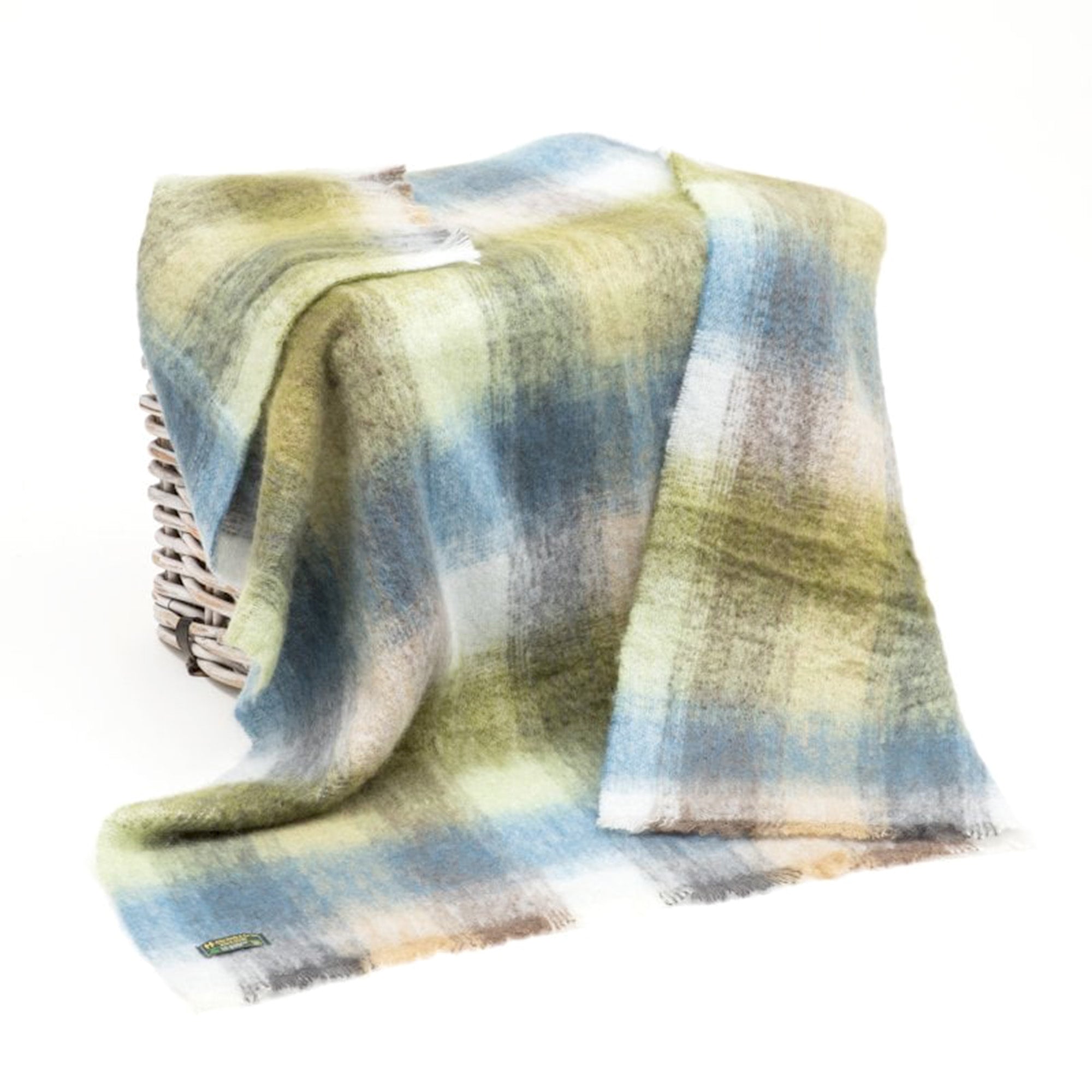 Irish Mohair Throw Blanket – Cream/Pale Blue/Green/Gray Tartan Plaid, 70% Mohair Wool Blend (54" x 72"), Made in Ireland