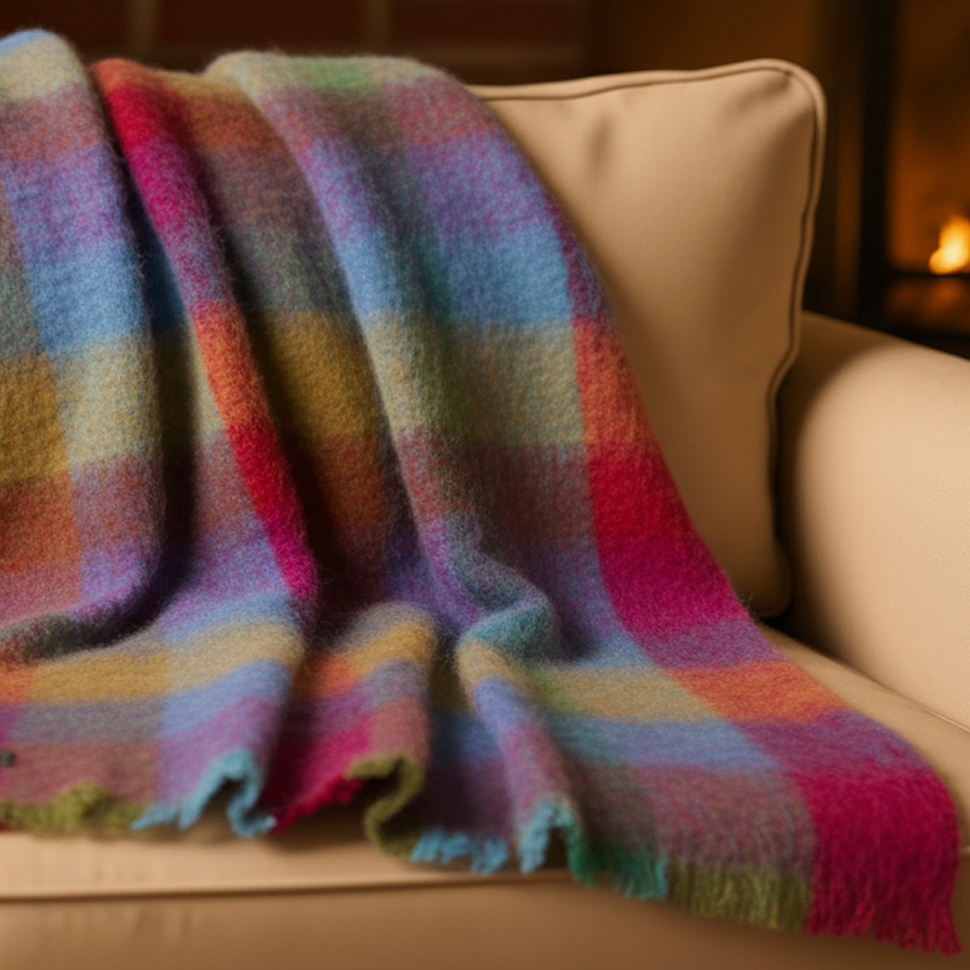 Irish Mohair Throw Blanket – Pink/Mustard/Purple/Aqua Tartan Plaid, 70% Mohair Wool Blend (54" x 72"), Made in Ireland