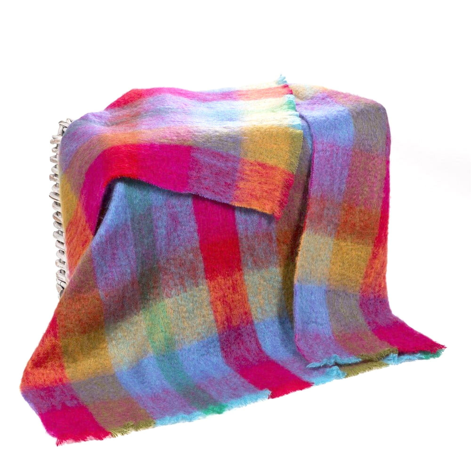 Irish Mohair Throw Blanket – Pink/Mustard/Purple/Aqua Tartan Plaid, 70% Mohair Wool Blend (54" x 72"), Made in Ireland
