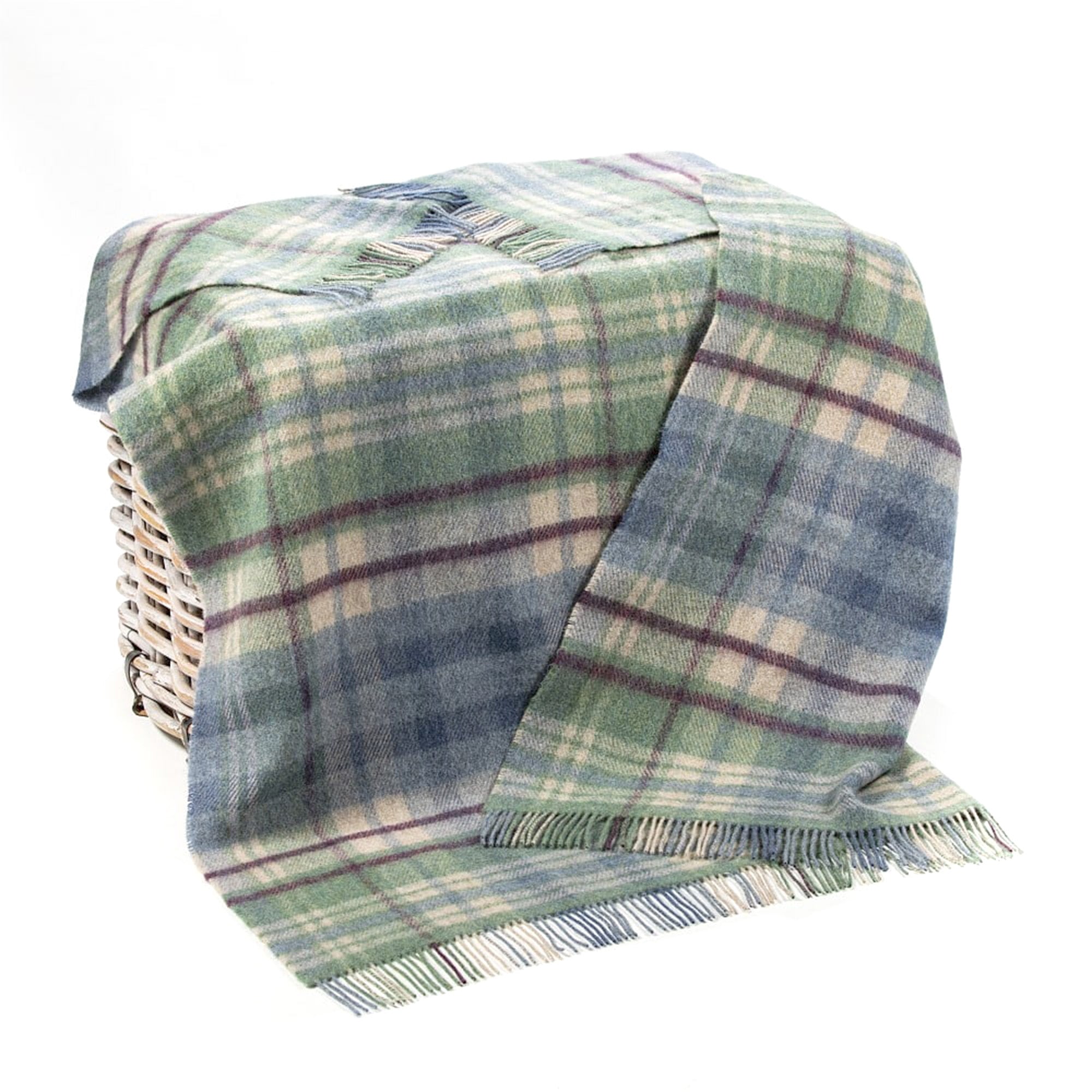 Irish Wool Throw Blanket – 100% Lambswool (72" x 54") - Denim/Green/Camel/Burgundy Tartan Plaid