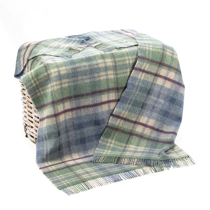 100% Irish Wool Tartan Throw Blanket - Denim Blue, Green & Burgundy, 54" x 72"